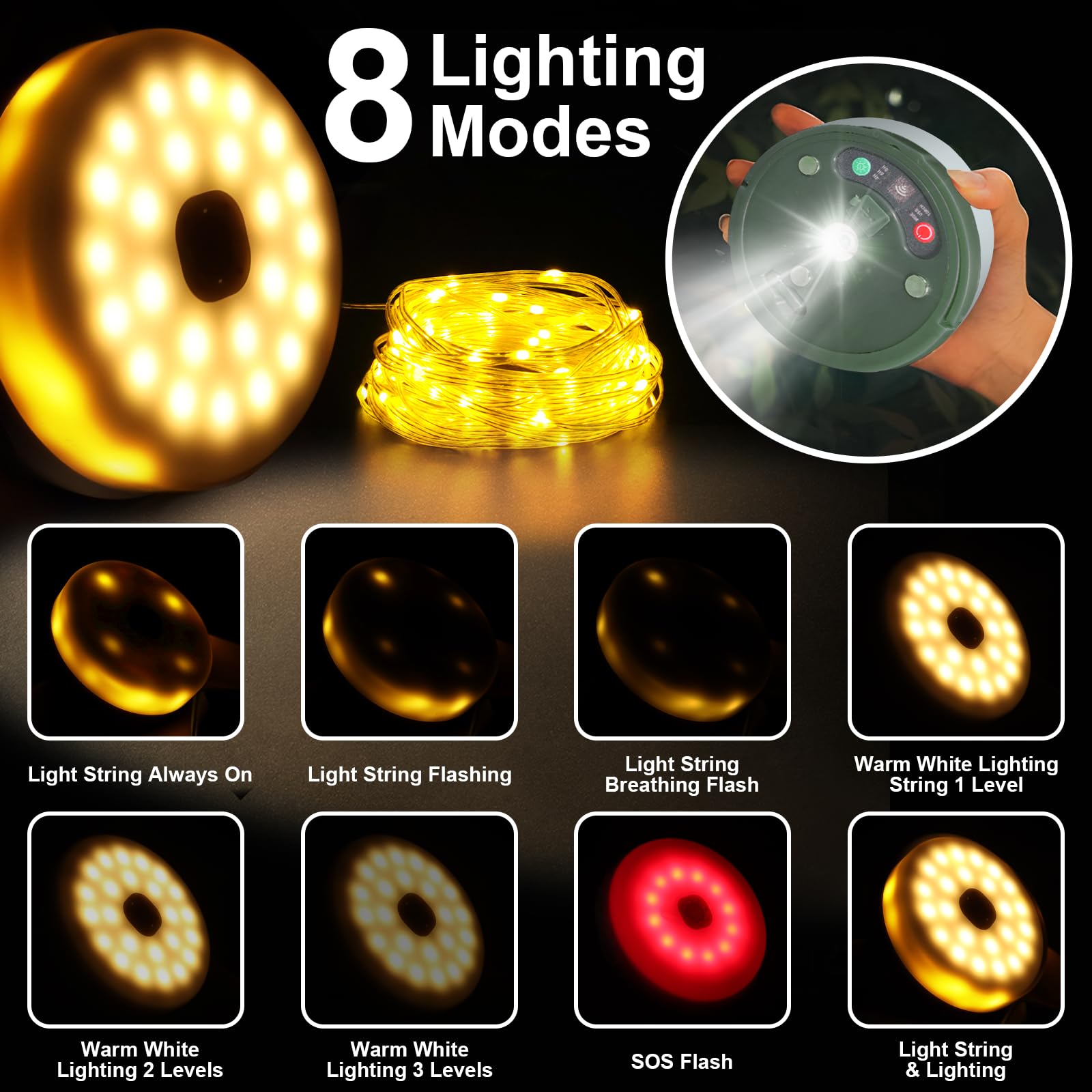 HELESIN 3-in-1 Waterproof Portable String Lights - USB Rechargeable Outdoor Camping Lights with 8 Lighting Modes for Tent, Backyard, RV & Patio (Warm White) - Perfect for Camping Trips, Backyard Parties and Outdoor Decorations