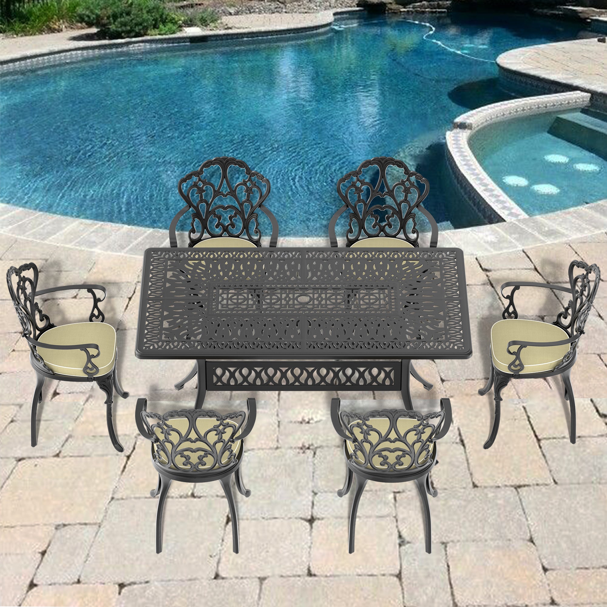7-Piece Cast Aluminum Patio Furniture Set with Cushions - Outdoor Dining & Lounge Chairs - Random Color Cushions Included - Perfect for Garden, Poolside & Backyard Relaxation (Item Code: W1710S00090)