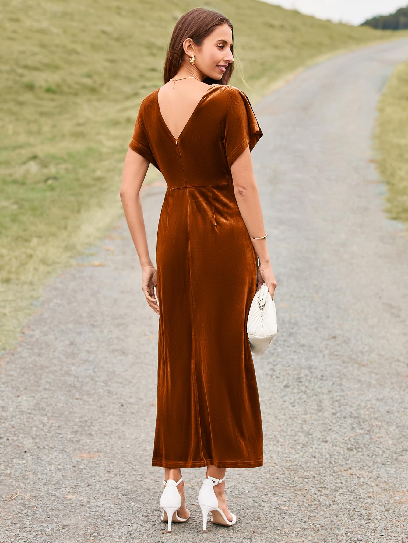 Simplee Women's Velvet Maxi Dress - Short Sleeve V-Neck Formal Gown for Wedding Guest, Prom, Cocktail Party & Special Occasions | Elegant Bodycon Long Dress with Twiss Front Detail for Fall & Winter Events