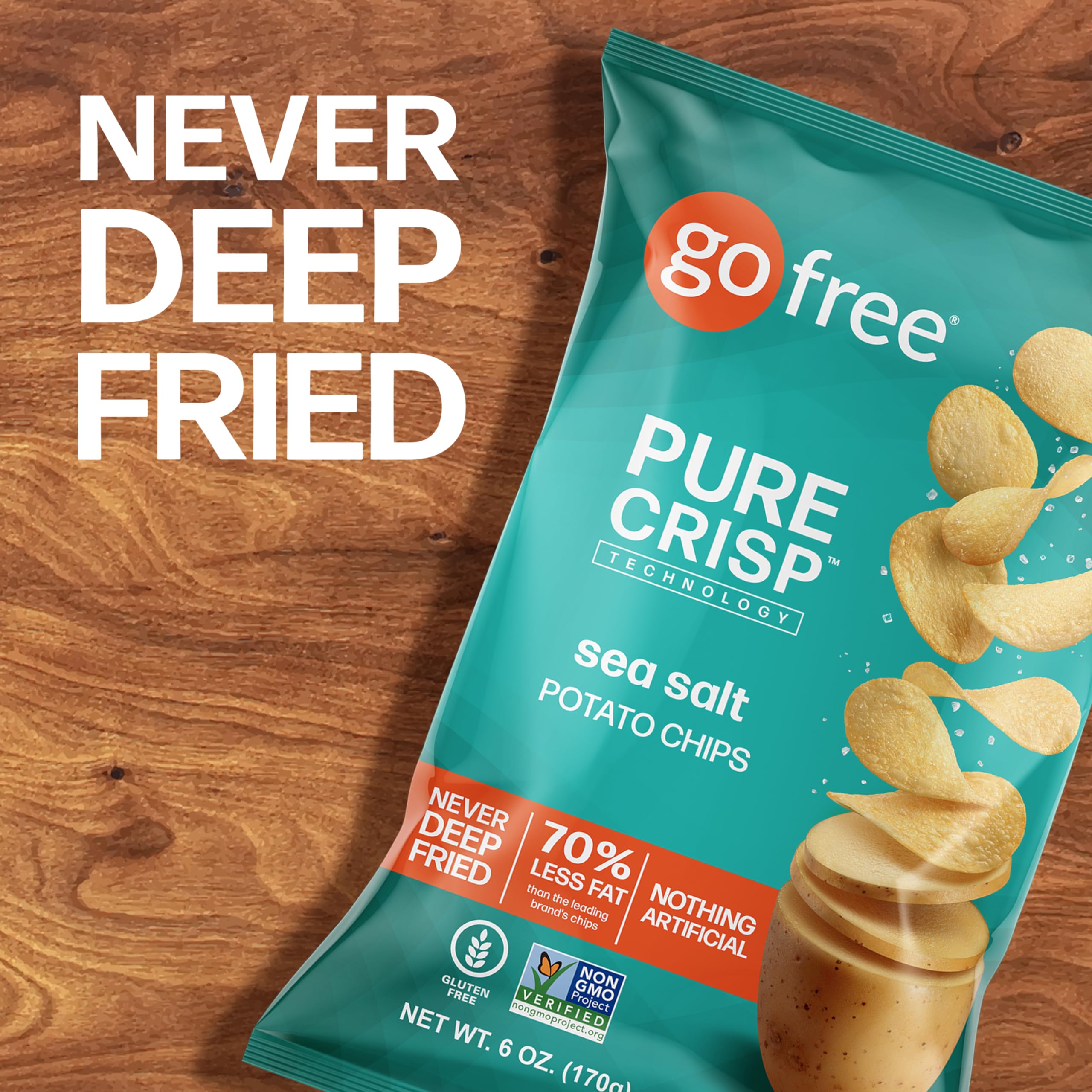 GO FREE Healthy Potato Chips - Low Fat, Gluten Free Vegan Snacks Made with Real Potatoes - Sea Salt Flavor - 6 oz Bags (6-Pack) - Perfect for School Lunches, Office Snacks & Road Trips