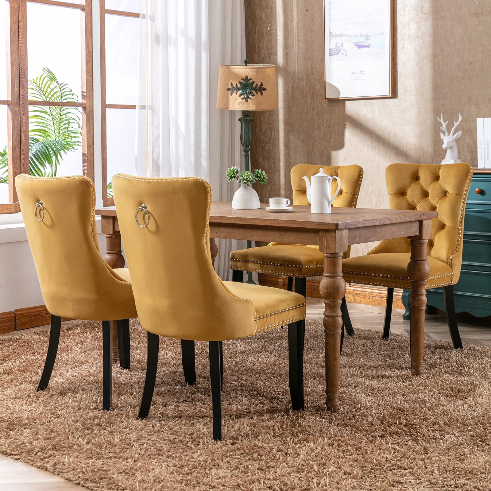 Luxury Gold Velvet Dining Chairs Set of 2 - Modern Tufted Upholstered Kitchen & Dining Room Chairs with Solid Wood Frame (Golden Yellow) - Perfect for Home Decor, Restaurant, Wedding & Event Seating