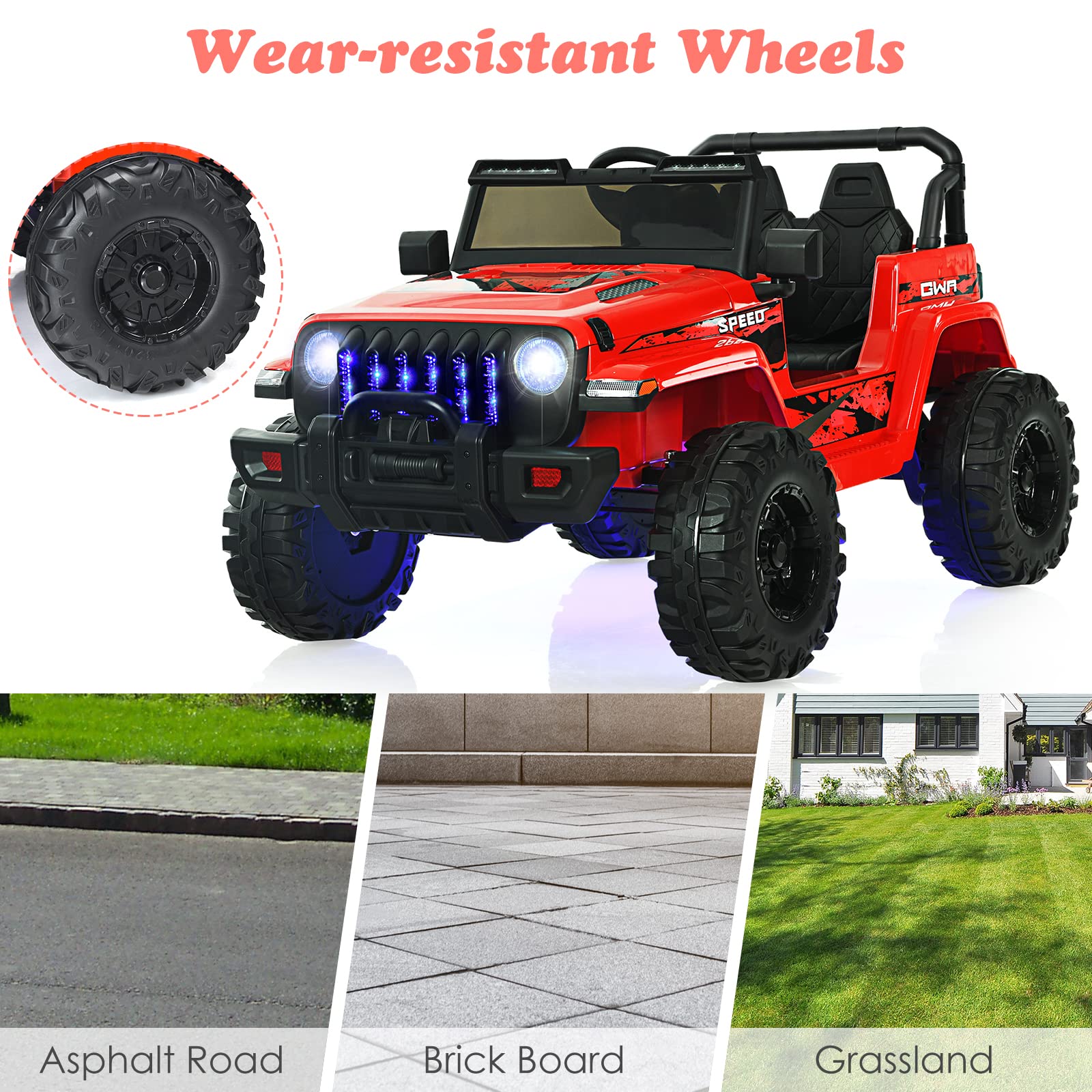 OLAKIDS 12V Electric Ride On Truck for Kids - Remote Control Battery Powered Toddler Car with Music, Horn, 3 Speed Settings, LED Lights & Bluetooth - Perfect for Indoor & Outdoor Play (Red)
