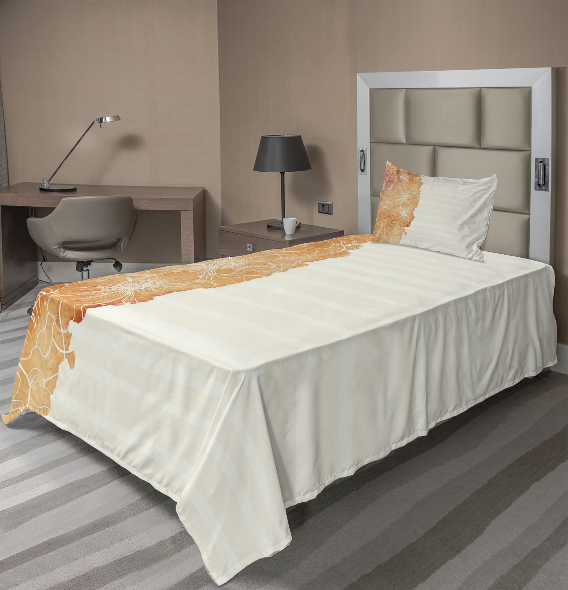 Ambesonne 3-Piece Floral Bedding Set - Tropical Hawaiian Island Flower Design with Abstract Striped Backdrop, Twin XL, Vermilion | Soft & Breathable Sheets for Guest Rooms, Dorms, Vacation Homes