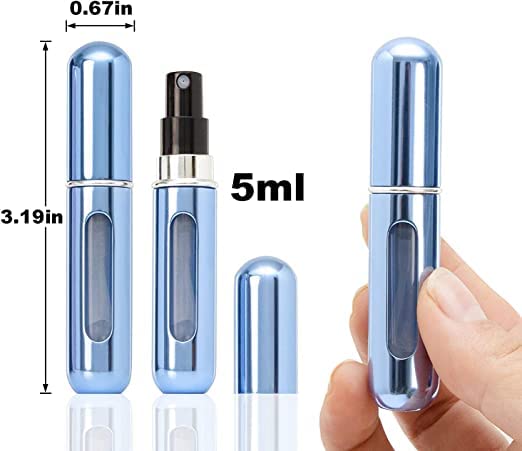 MANVI 5ml Refillable Travel Perfume Bottle Set (2 Pack) - Leakproof Metal Mini Perfume Atomizer Spray for Women & Men - Perfect for Airplane Carry-on, Gym Bag & Purse Essentials