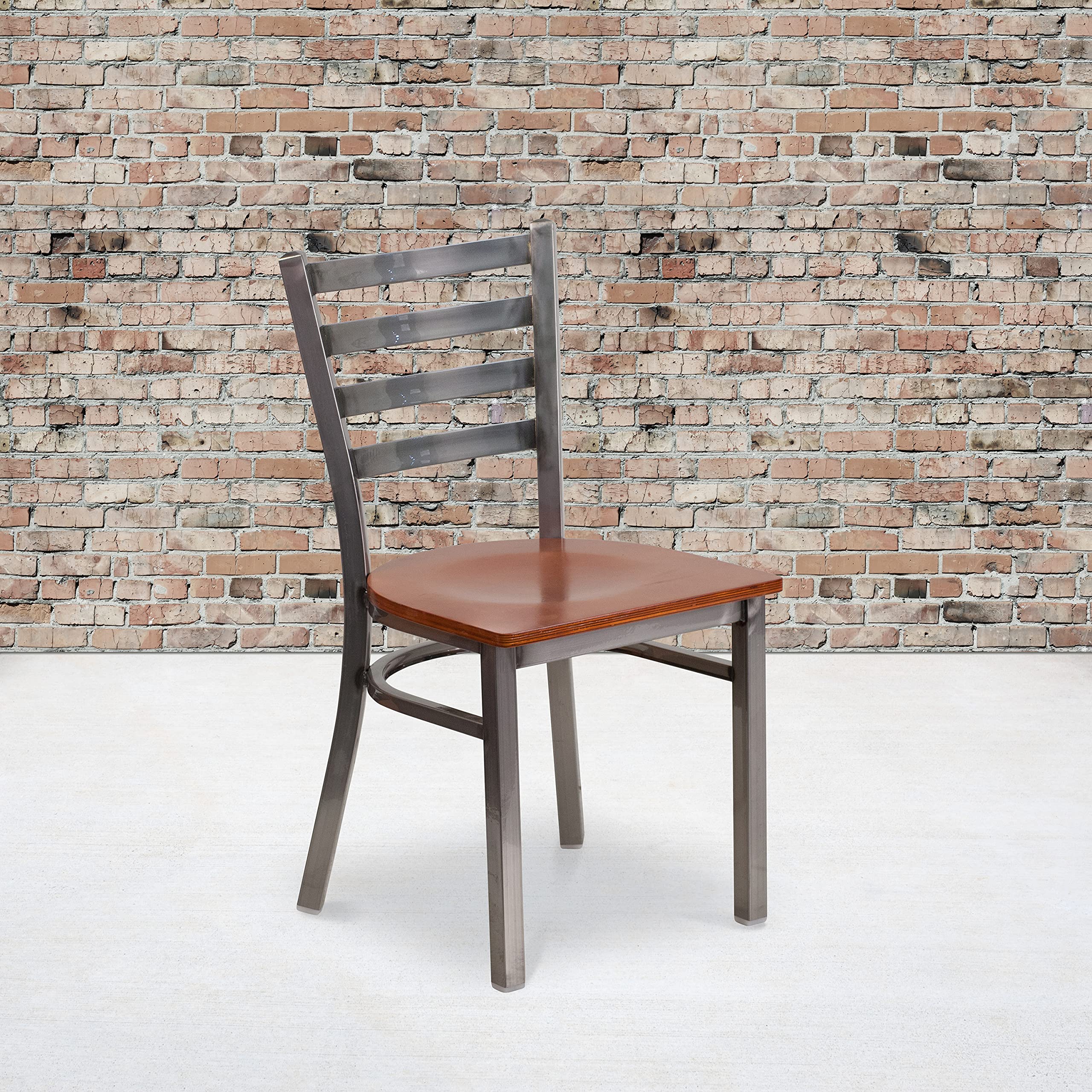 Clear Coated Ladder Back Metal Restaurant Chair with Cherry Wood Seat - Durable Commercial Dining Furniture for Cafes, Bistros and Home Kitchens
