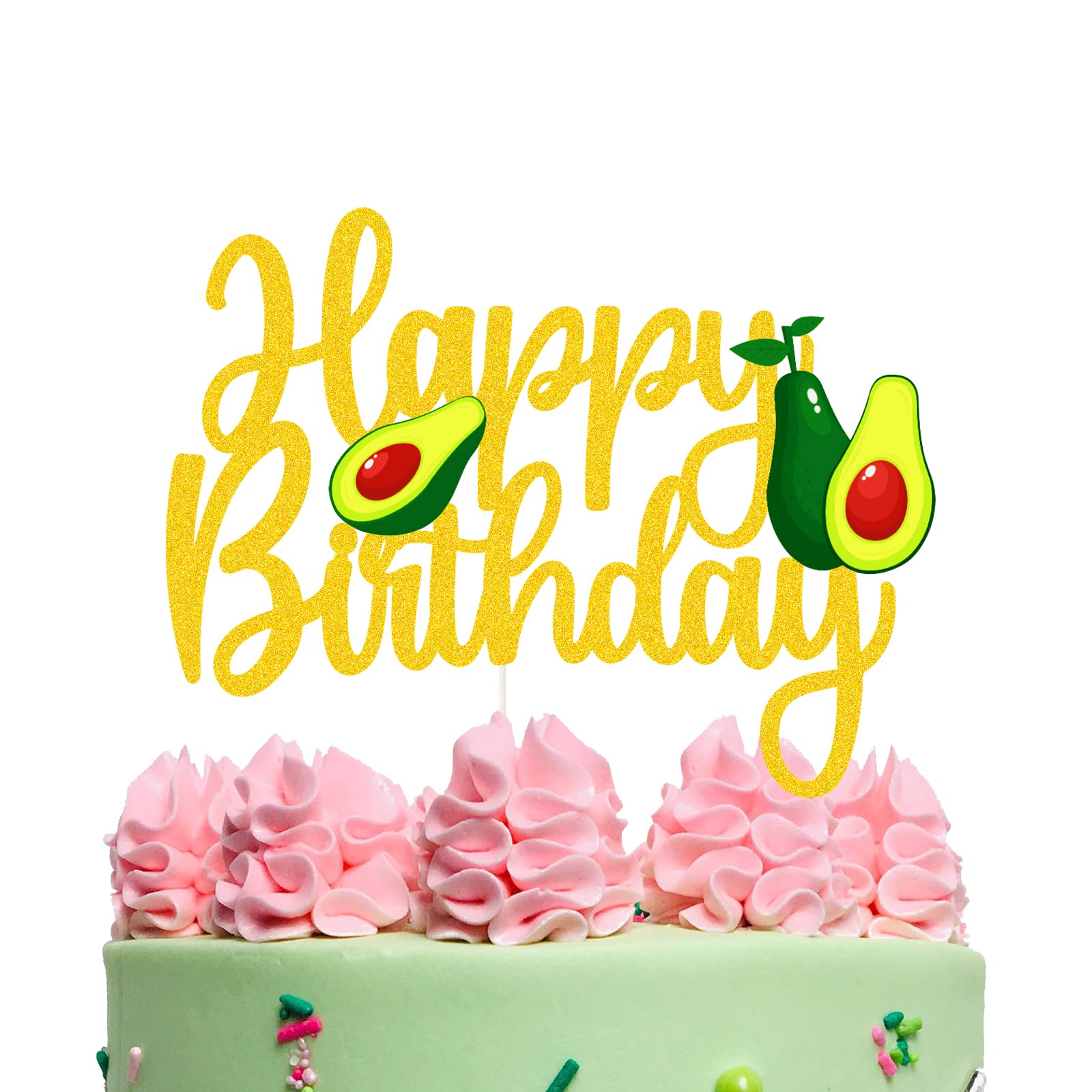Avocado Happy Birthday Cake Topper - Fruit Themed Baby Shower & Party Decorations - Gold Avocado Cake Topper for Birthday Celebrations, Baby Showers, and Fiesta Parties - Perfect for Cake Decorating and Special Occasions