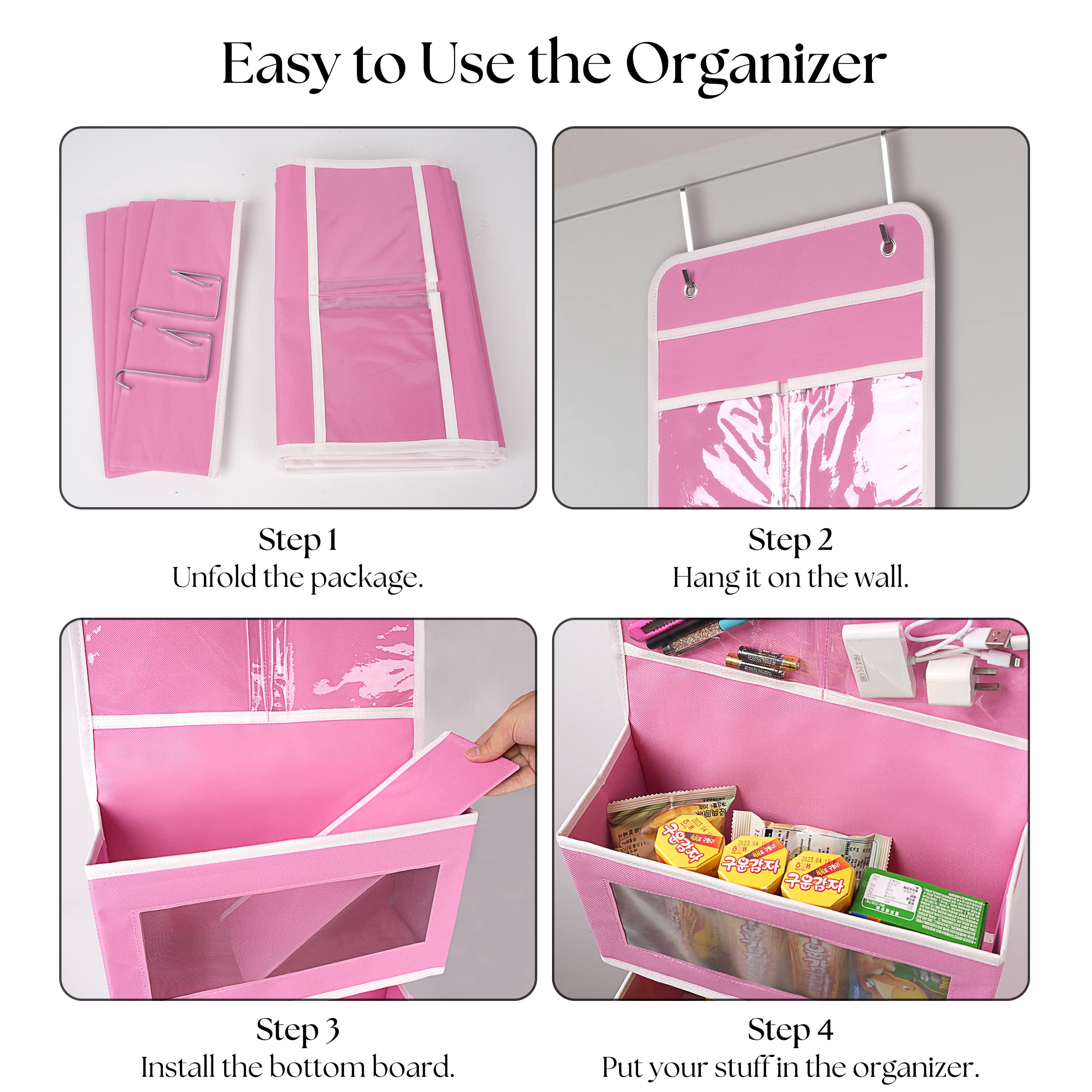 Over Door Organizer with 4 Large Pockets - Hanging Storage for Closet, Bathroom, Nursery & Dorm - Perfect for Toys, Cosmetics, Baby Essentials & Home Organization (Pink) - Ideal for Small Space Storage & Decluttering