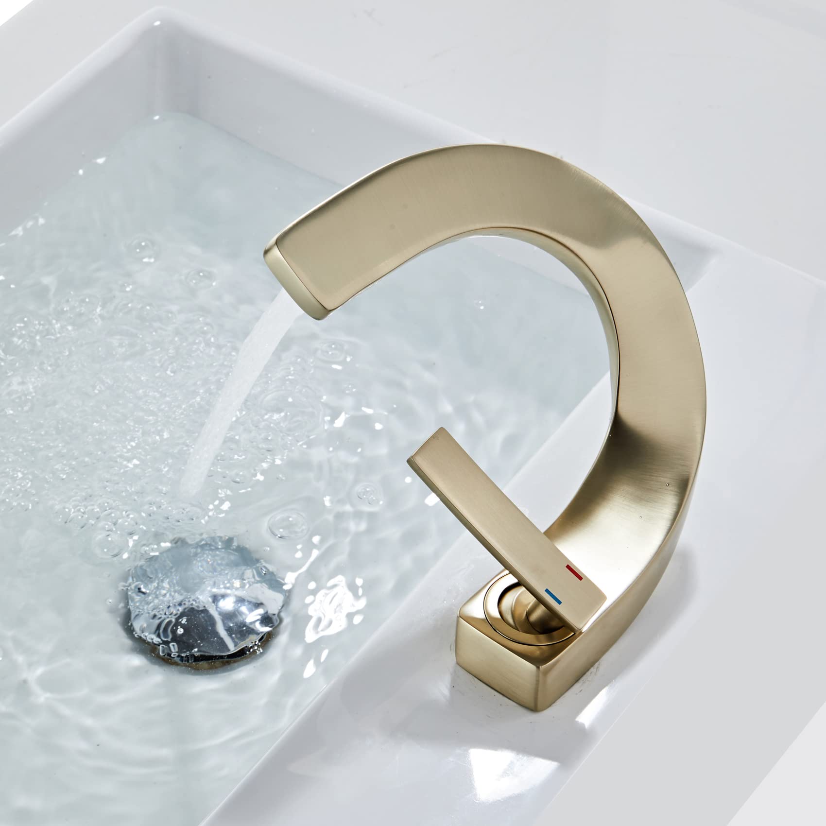 Brushed Gold Single Handle Bathroom Sink Faucet with Supply Hose - Single Hole Lavatory Faucet, Slanted Basin Mixer Tap for Commercial & Residential Use - Perfect for Modern Bathrooms, Powder Rooms, and Guest Baths