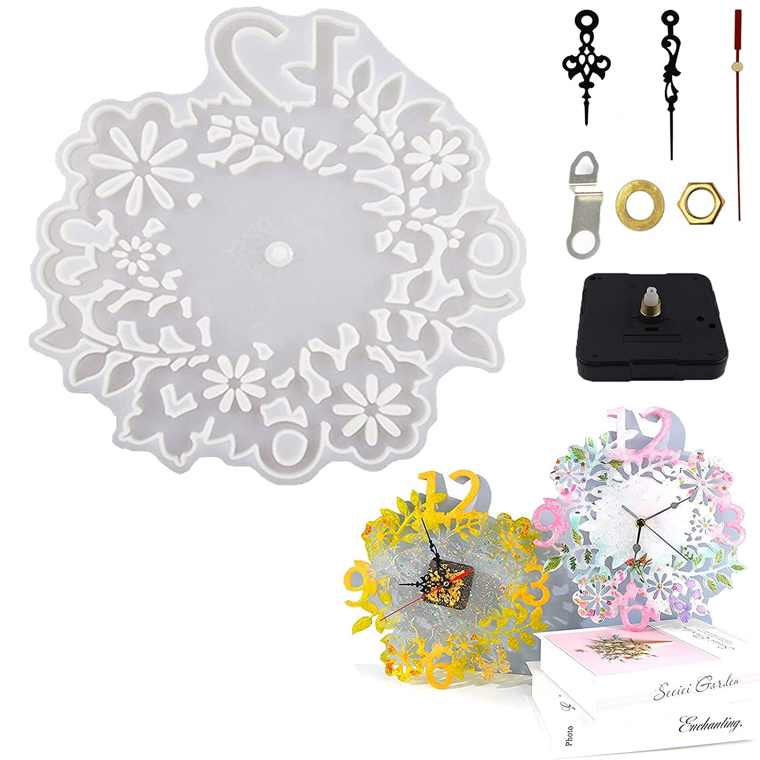 DIY Resin Flower Clock Silicone Molds with Clock Movement Kit - Large Arabic Numeral Epoxy Casting Mold for Home Decor & Craft Projects - Perfect for Wall Clocks, Gifts, and DIY Art Creations