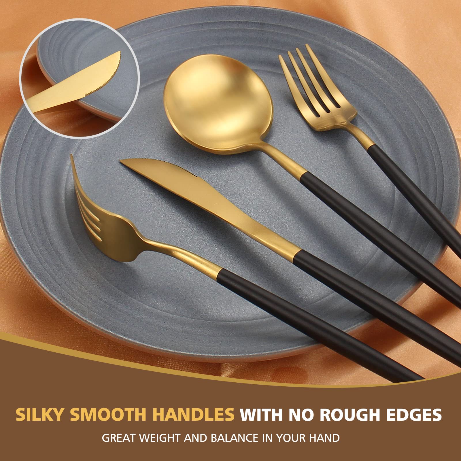 Oliviola 20-Piece Matte Black Gold Silverware Set - Stainless Steel Flatware Cutlery Set for 4 - Satin Finish Kitchen Utensils (Dishwasher Safe) - Perfect for Dinner Parties, Weddings & Everyday Dining