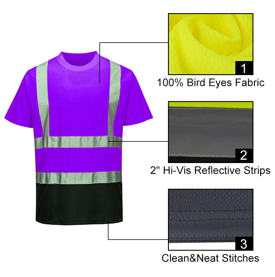 High Visibility Reflective Safety T-Shirts for Men & Women - Short Sleeve Construction Work Shirts with Black Bottom | Ideal for Road Work, Night Running & Outdoor Safety