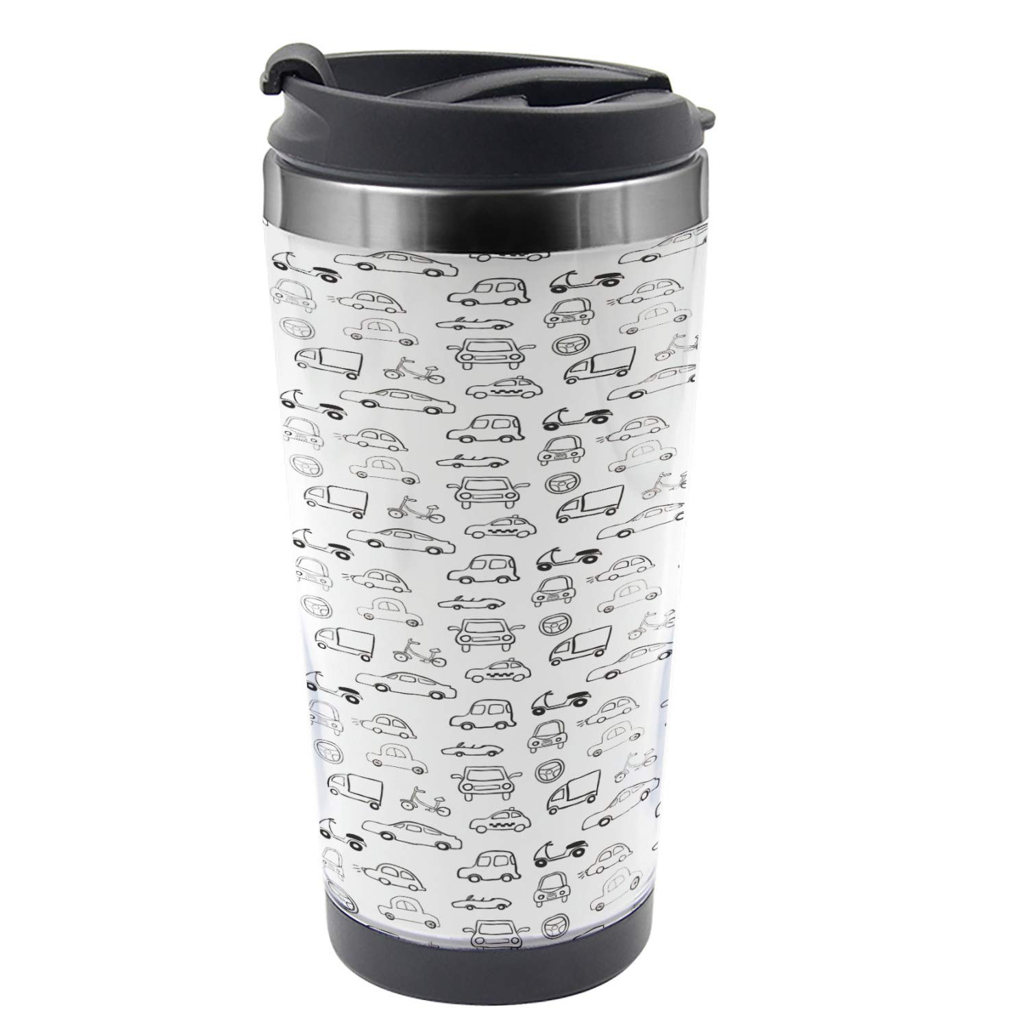Ambesonne Cars Travel Mug - 16 oz Stainless Steel Thermal Cup with Transportation Sketch Art - Black and White Design - Perfect for Commuting, Road Trips & Office Use