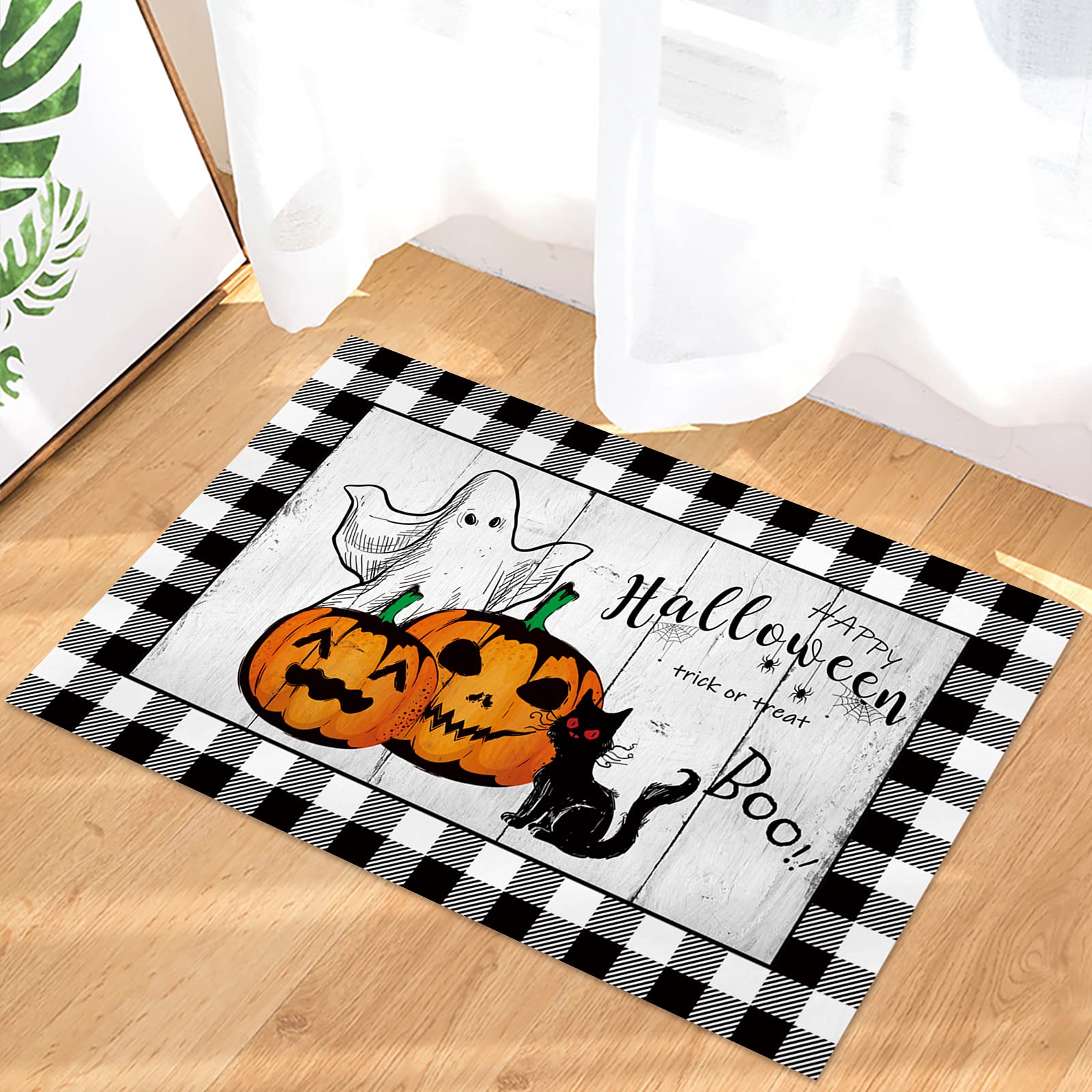 Halloween Welcome Doormat - Rustic Pumpkin, Black Cat & Ghost Design - Non-Slip Indoor/Outdoor Entrance Rug - Buffalo Check Decor for Front Door, Bathroom, Porch - 16x24 Inch - Perfect for Fall Decor & Spooky Home Entrance