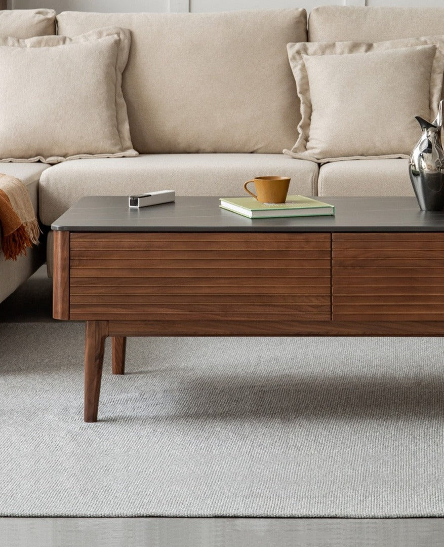 Solid Black Walnut Wood Coffee Table with Natural Slate Top - Perfect for Living Room, Lounge & Modern Home Decor