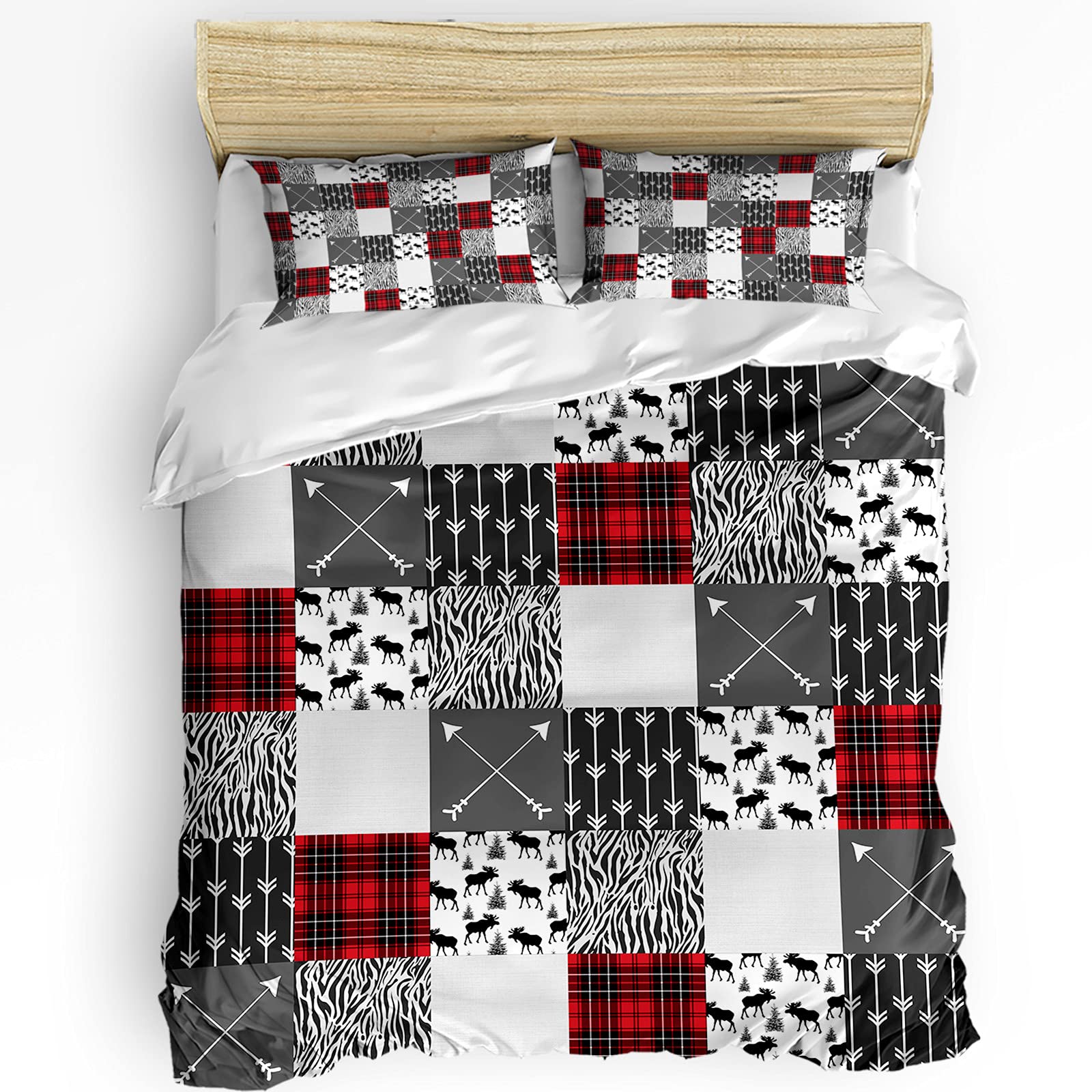 Queen Size Black and Red Plaid Zebra Elk Arrow Duvet Cover Set - Soft Bedding for Teens, Kids & Adults (1 Comforter Cover + 2 Pillowcases) | Perfect for Cozy Bedrooms, Guest Rooms & Dorm Decor