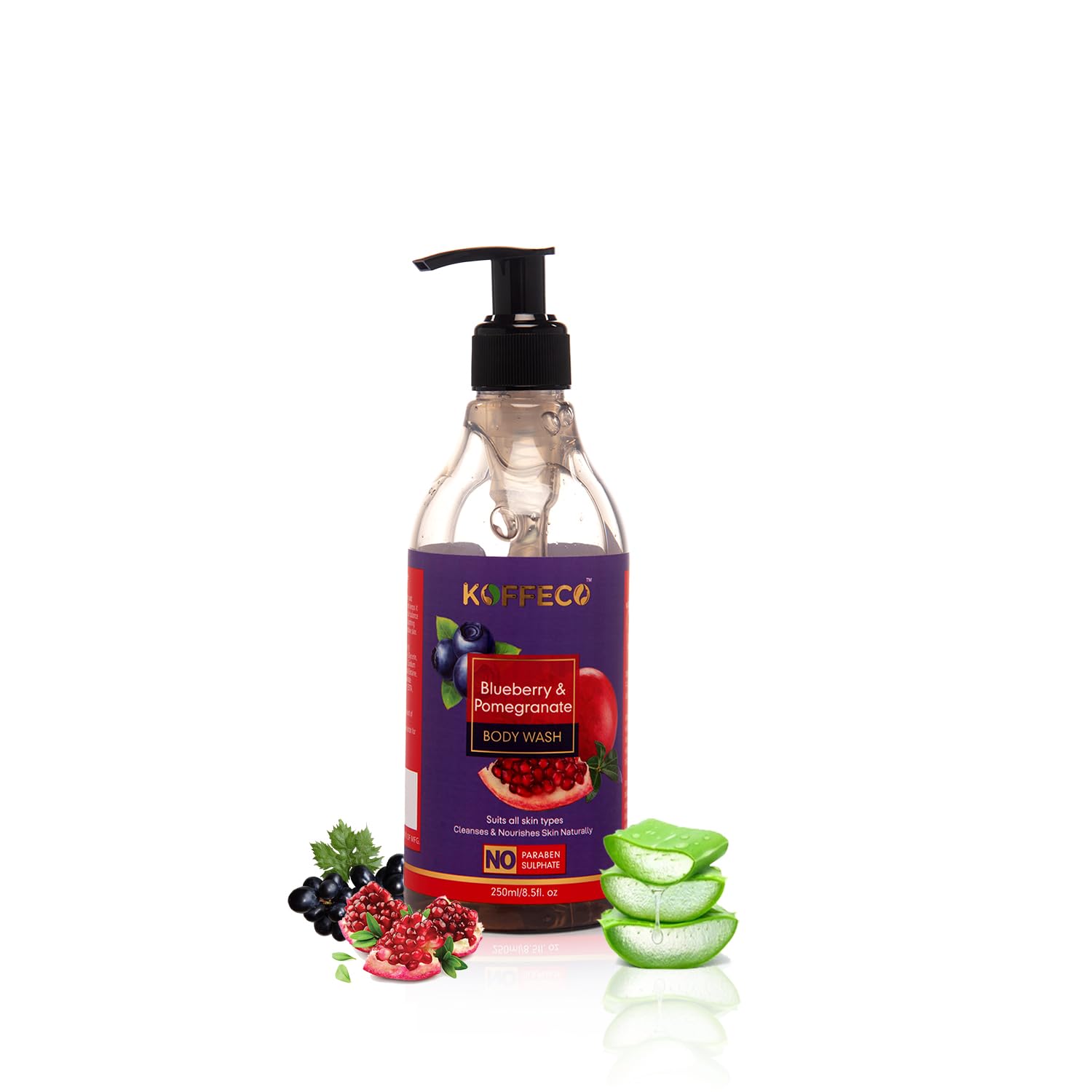 Koffeco 250 ML Blueberry Pomegranate Natural Shower Gel & Body Wash - Moisturizing for Soft, Smooth Skin - All Skin Types - Men & Women - Perfect for Daily Shower & Relaxing Bath Time