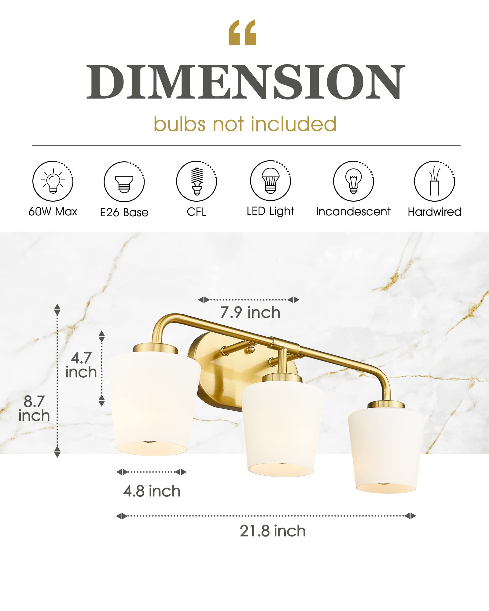 Brushed Gold Bathroom Vanity Light - Farmhouse Brass Wall Sconce with Milk White Glass Shades, 3-Light Champagne Bronze Fixture for Mirror Lighting (AD-22004-3W-GD) - Perfect for Bathroom, Powder Room, and Farmhouse Decor