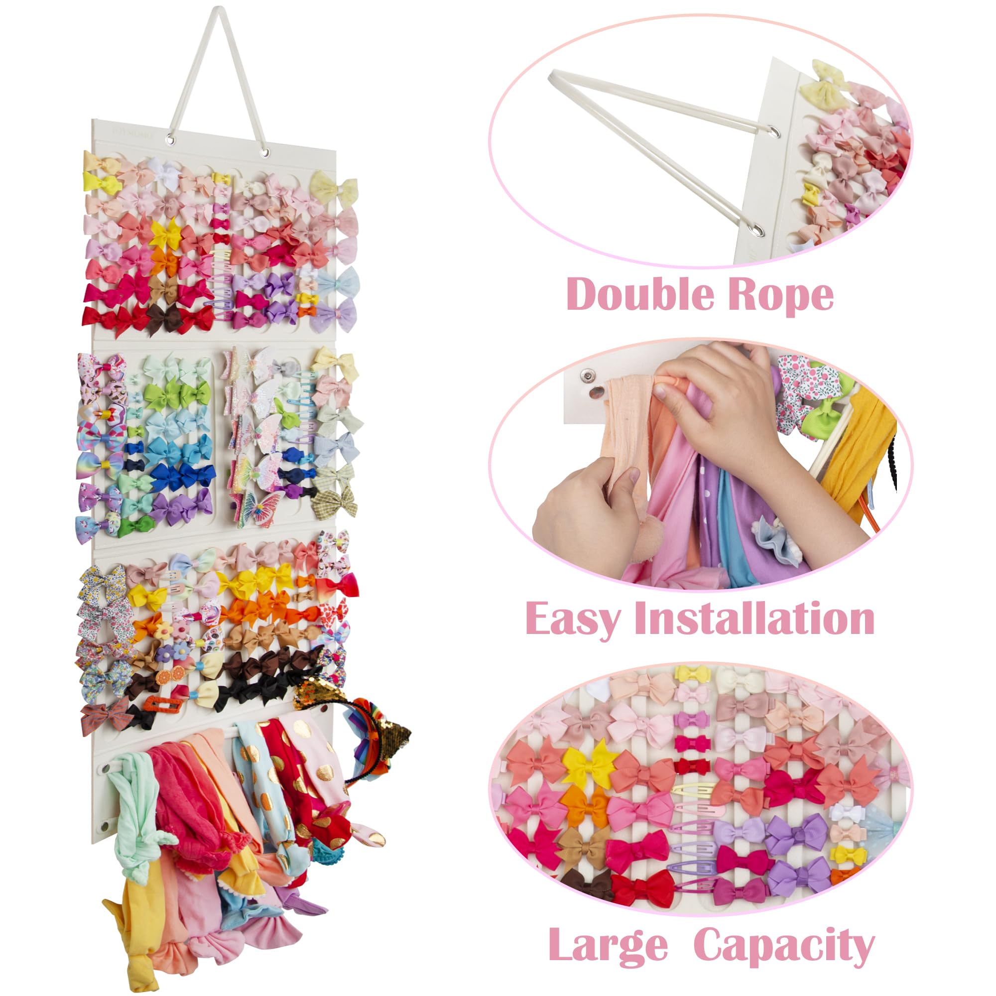 Girls Bow Holder Organizer - Hanging Hair Accessories Storage for Headbands, Hair Clips, Hair Ties, Scrunchies (Beige) | Perfect for Bedroom, Bathroom & Closet Organization