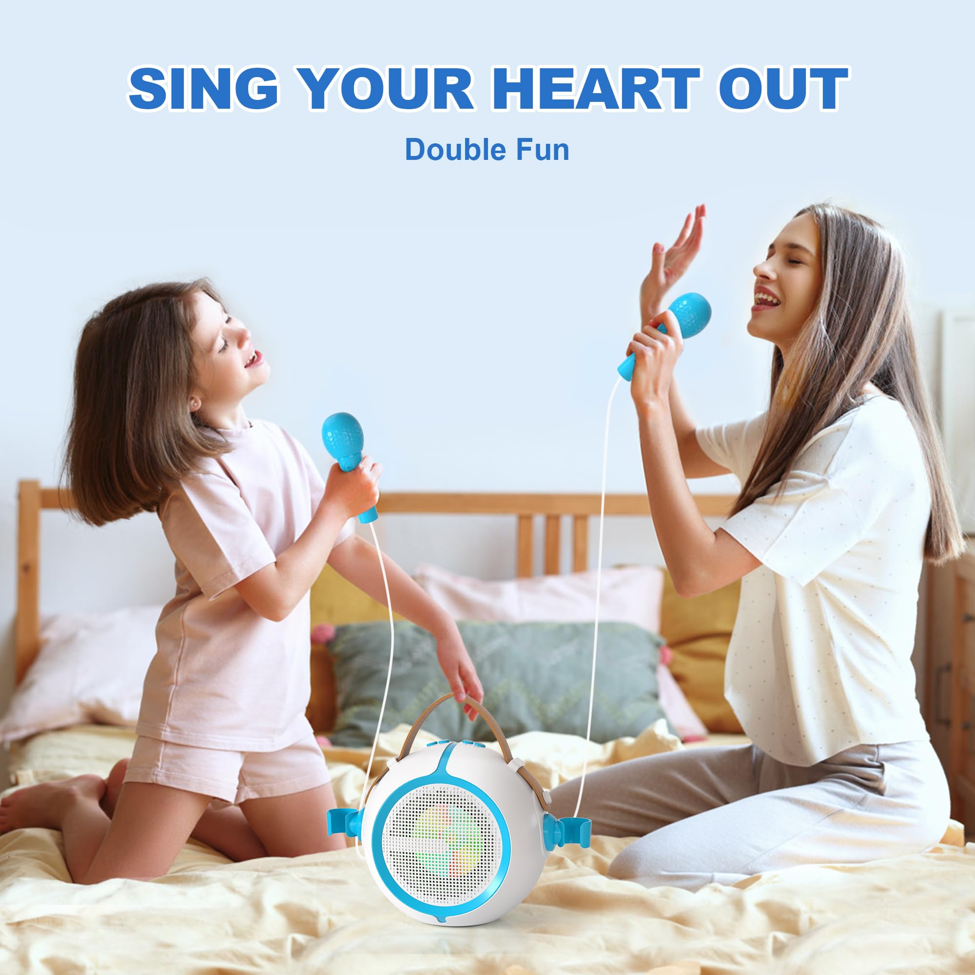 Portable Bluetooth Karaoke Machine for Kids with 2 Wireless Microphones, Rechargeable Battery, FM Radio, USB Playback & LED Lights - Perfect for Birthday Parties, Family Gatherings & Home Singing Fun (Blue)