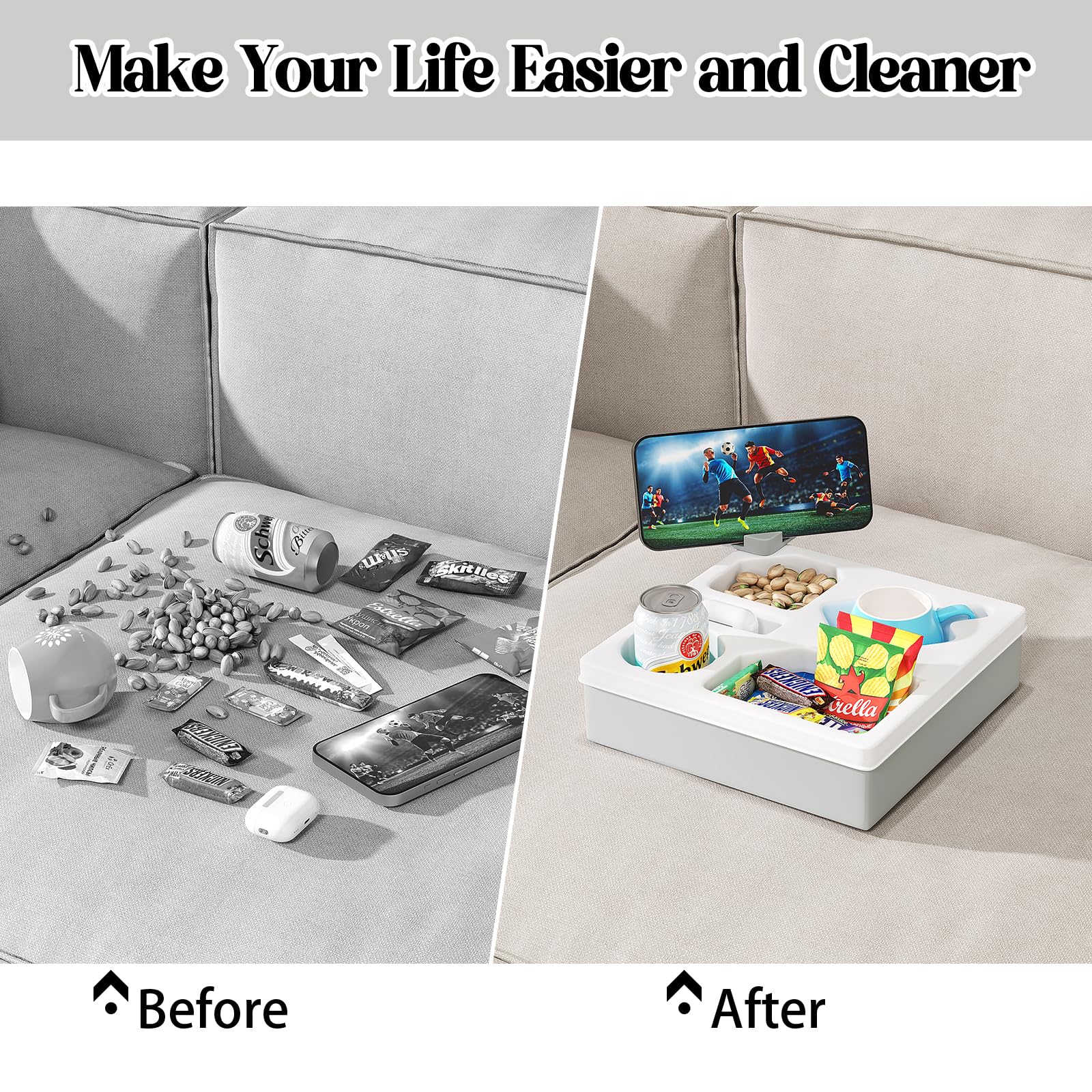Rotatable Couch Caddy with Phone Holder & Cup Tray - Multi-Functional Sofa Organizer for Bed, Living Room - Waterproof Drink Holder for Snacks, Beverages, Remote & Cellphone (White) - Perfect for Movie Nights, Relaxing & Home Entertainment