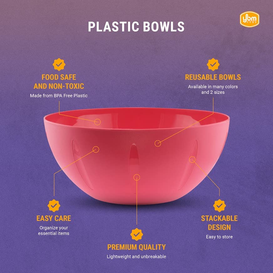 YBM HOME 8-Inch Plastic Mixing Bowl Set - Microwave Safe Serving Bowl for Cereal, Snacks, Popcorn, Salad & Fruits - Perfect for Kitchen, Dining & Outdoor Picnics - 1284-3 Green
