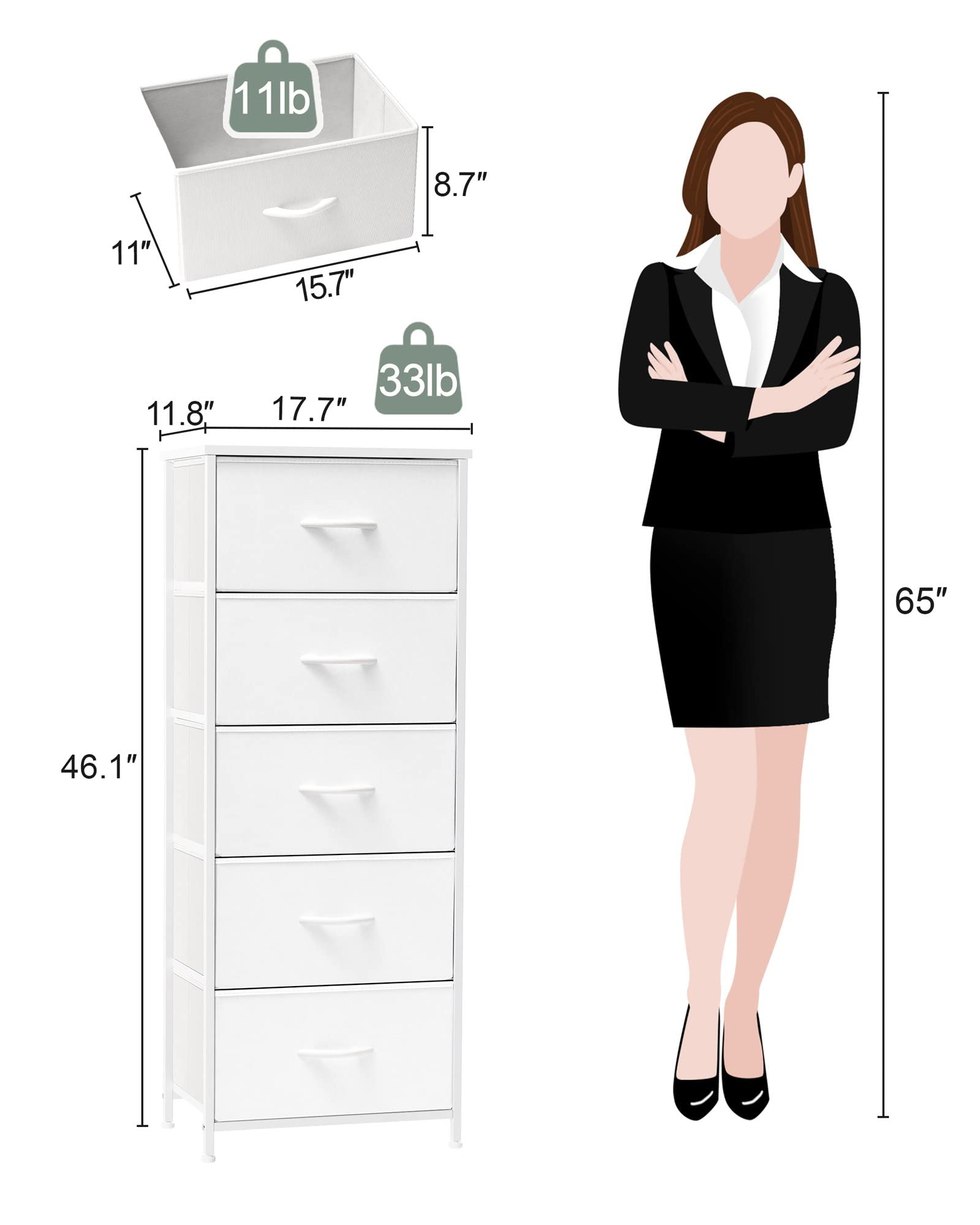 Crestlive 5-Drawer Dresser Organizer - Steel Frame & Wood Top for Bedroom & Closet Storage (White)