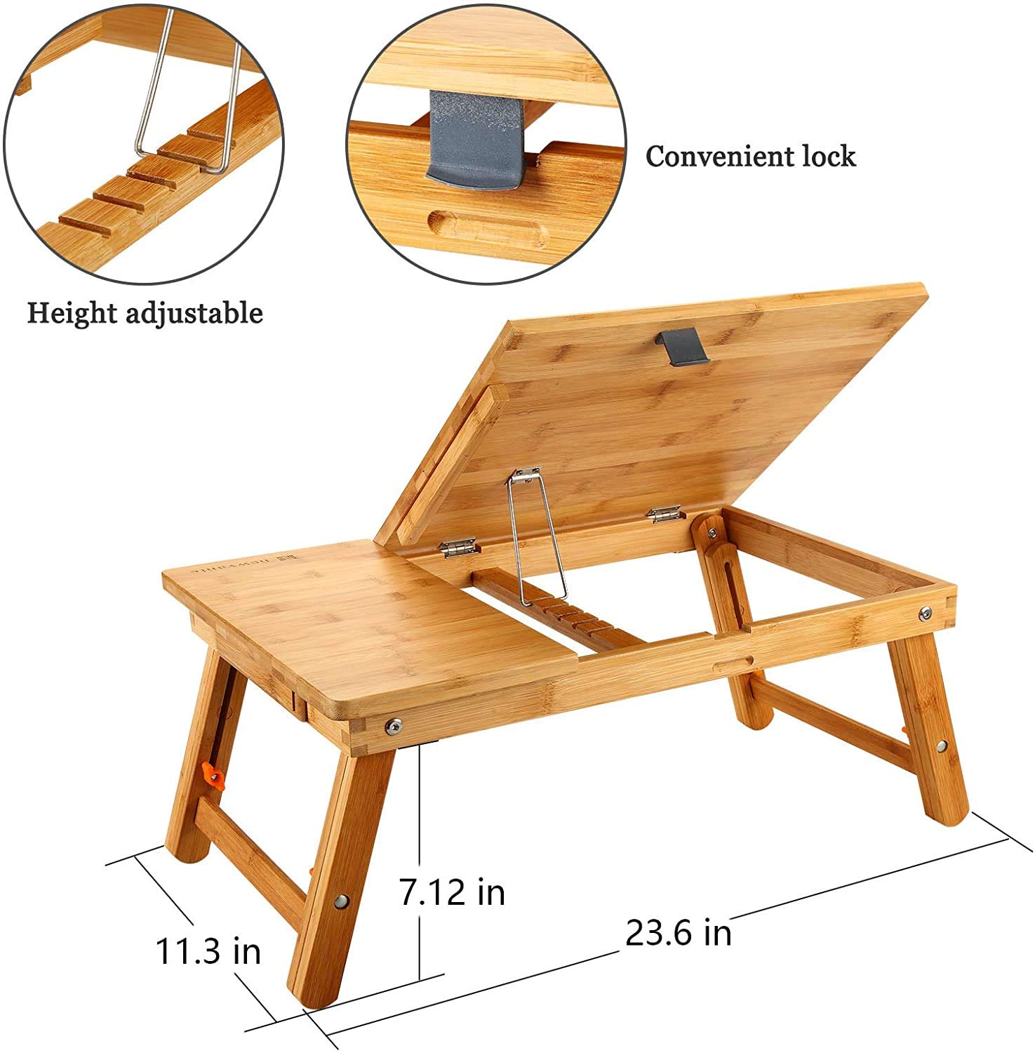 Adjustable 100% Bamboo Laptop Desk with Tilting Tray & Storage Drawer - Portable Bed Tray for Breakfast, Work, Reading in Bed or Sofa