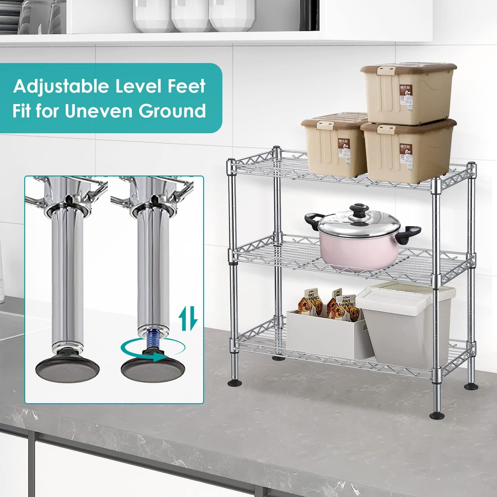 3-Tier Adjustable Metal Wire Shelf - Heavy Duty 200Lbs Capacity Storage Rack with Leveling Feet (8