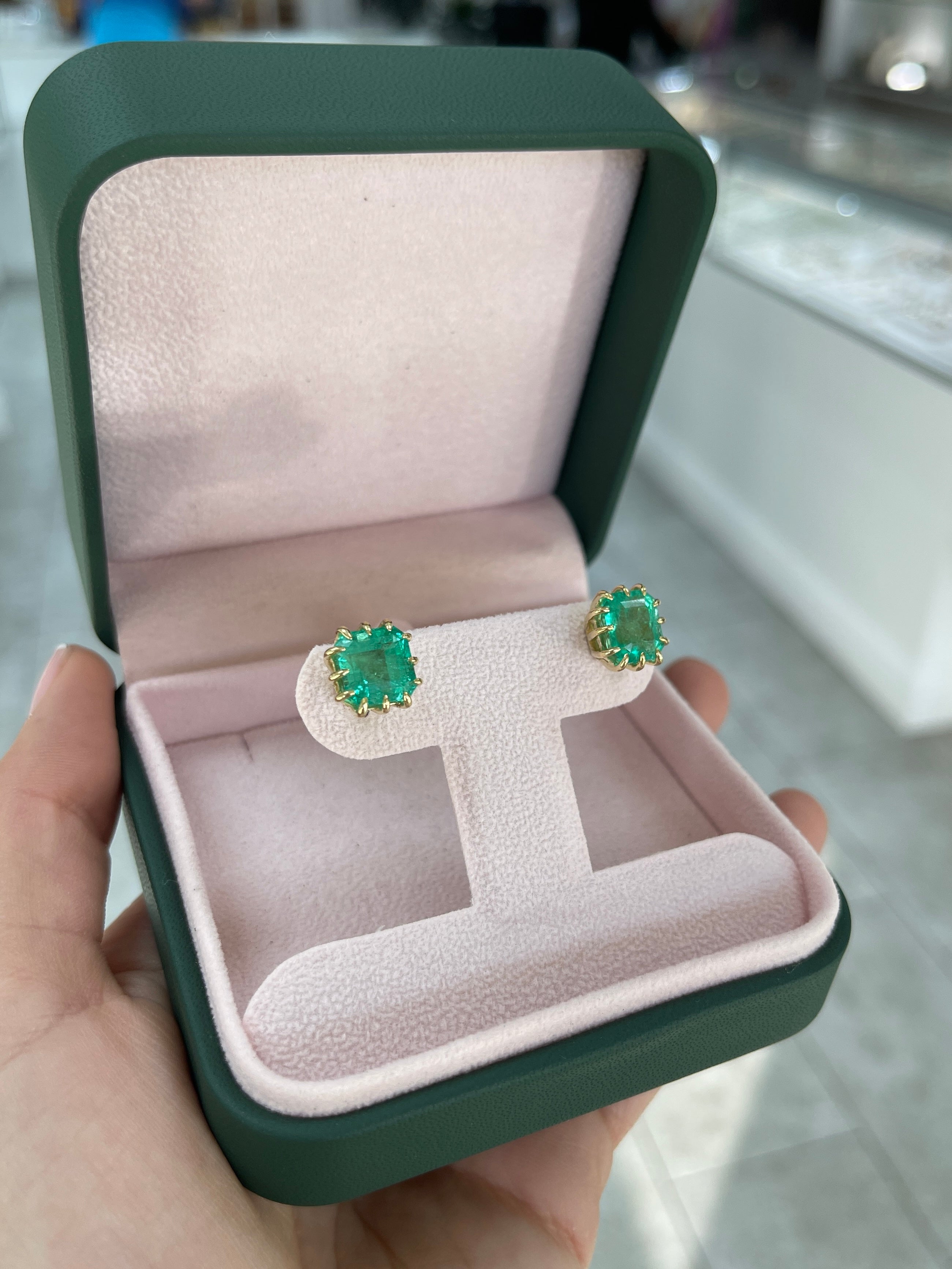 8.56tcw Colombian Emerald Multi Prong 18K Gold Statement Stud Earrings - Perfect for Weddings, Parties & Special Occasions