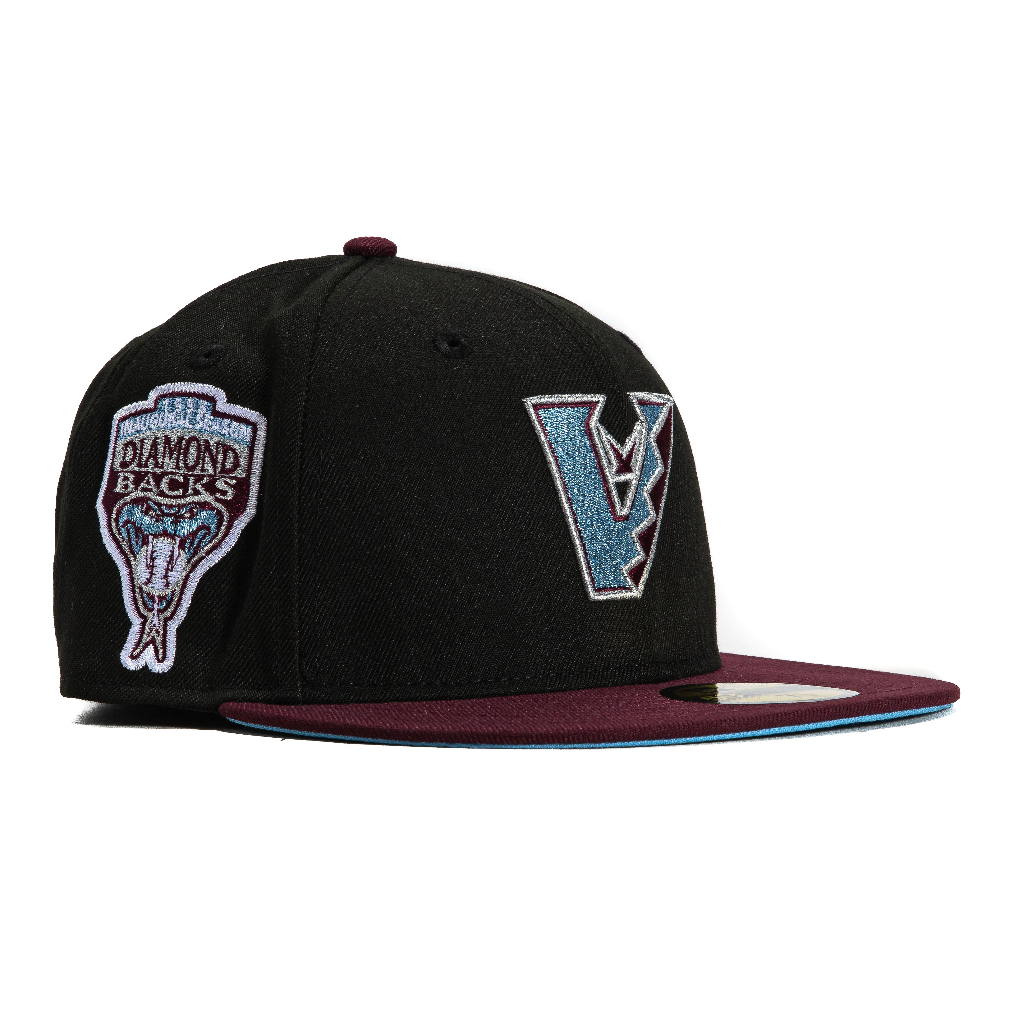 New Era 59Fifty Arizona Diamondbacks Inaugural Patch Upside Down Snapback Hat - Black, Maroon & Light Blue | MLB Baseball Cap for Fans & Collectors | Game Day, Streetwear & Casual Outfits