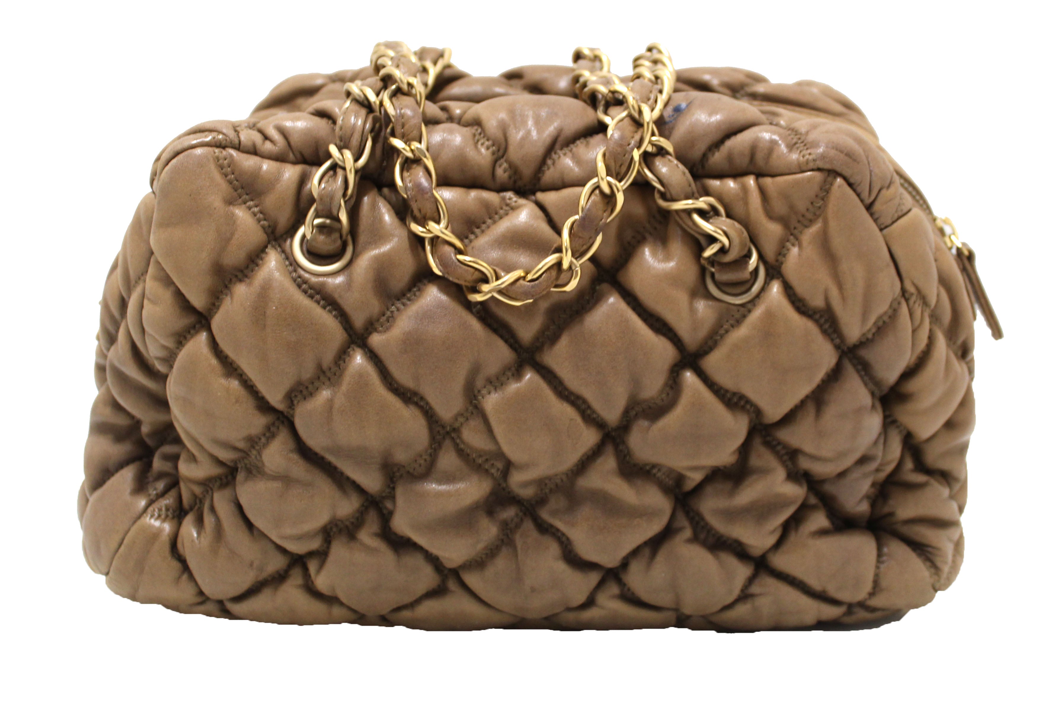 Authentic Chanel Beige Bubble Quilted Lambskin Leather Bowler Bag - Luxury Designer Handbag for Women, Perfect for Work, Travel & Special Occasions