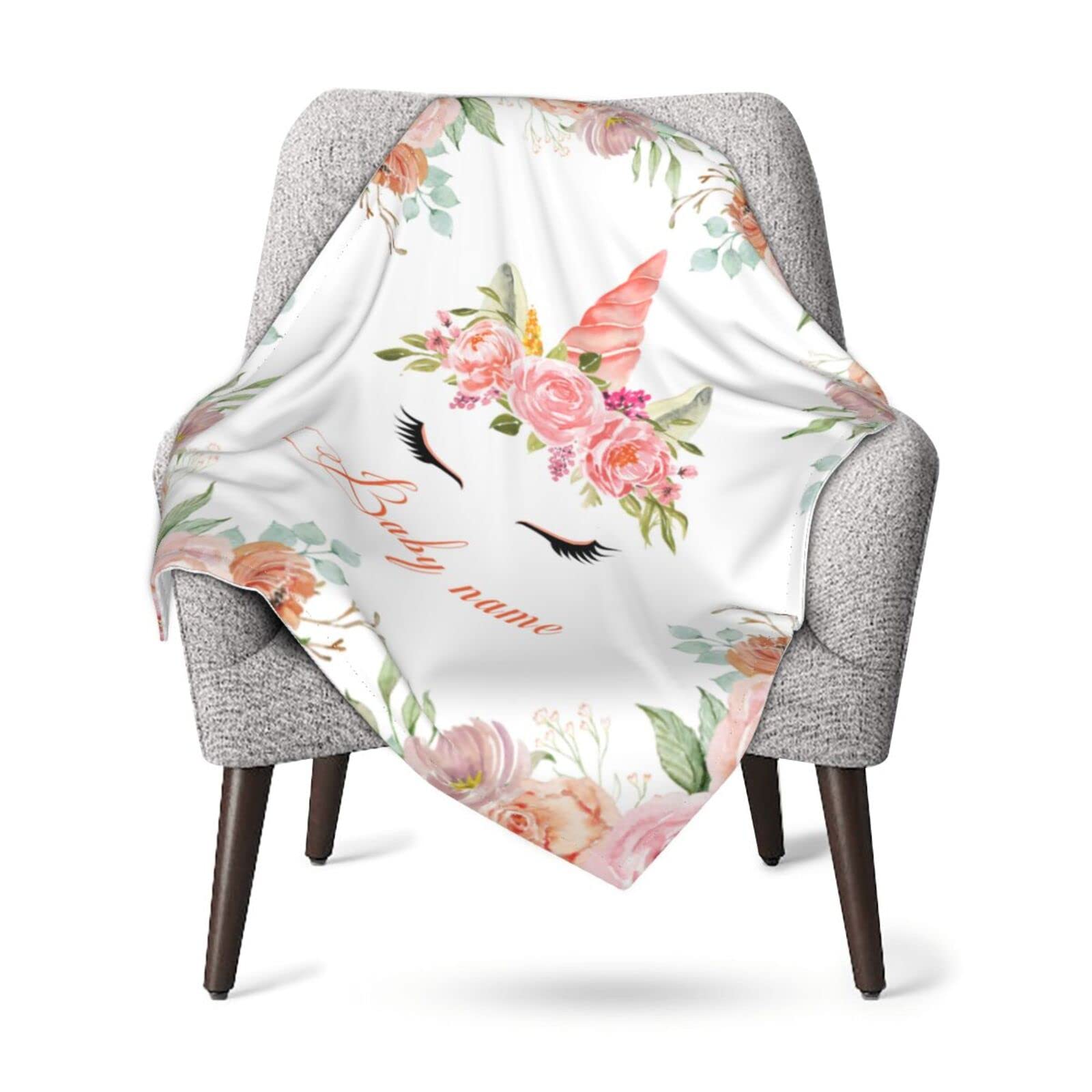 Personalized Baby Blanket with Name - Custom Floral Fleece Blanket for Newborn Girls & Boys - Soft Elephant Design Baby Gift for Shower, Nursery & Photo Props