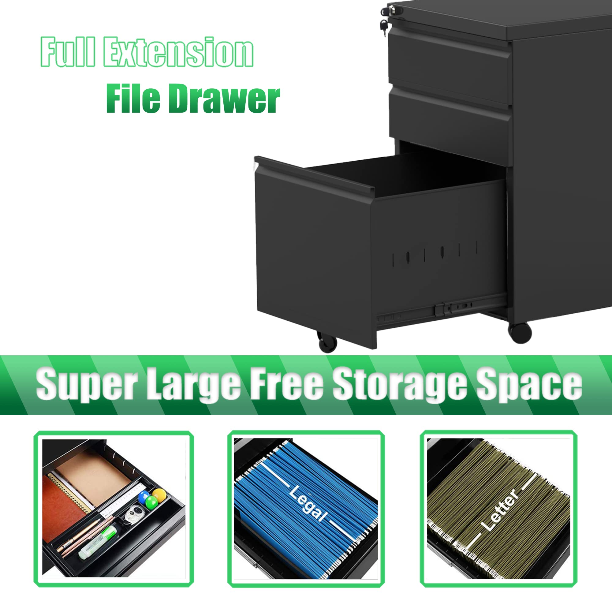 Lockable 3-Drawer Rolling File Cabinet - Black Mobile Pedestal Storage for Office, Under Desk Organizer (Letter/Legal/A4 Size) - Fully Assembled Except Casters - Perfect for Home Office, School, and Workspace Organization