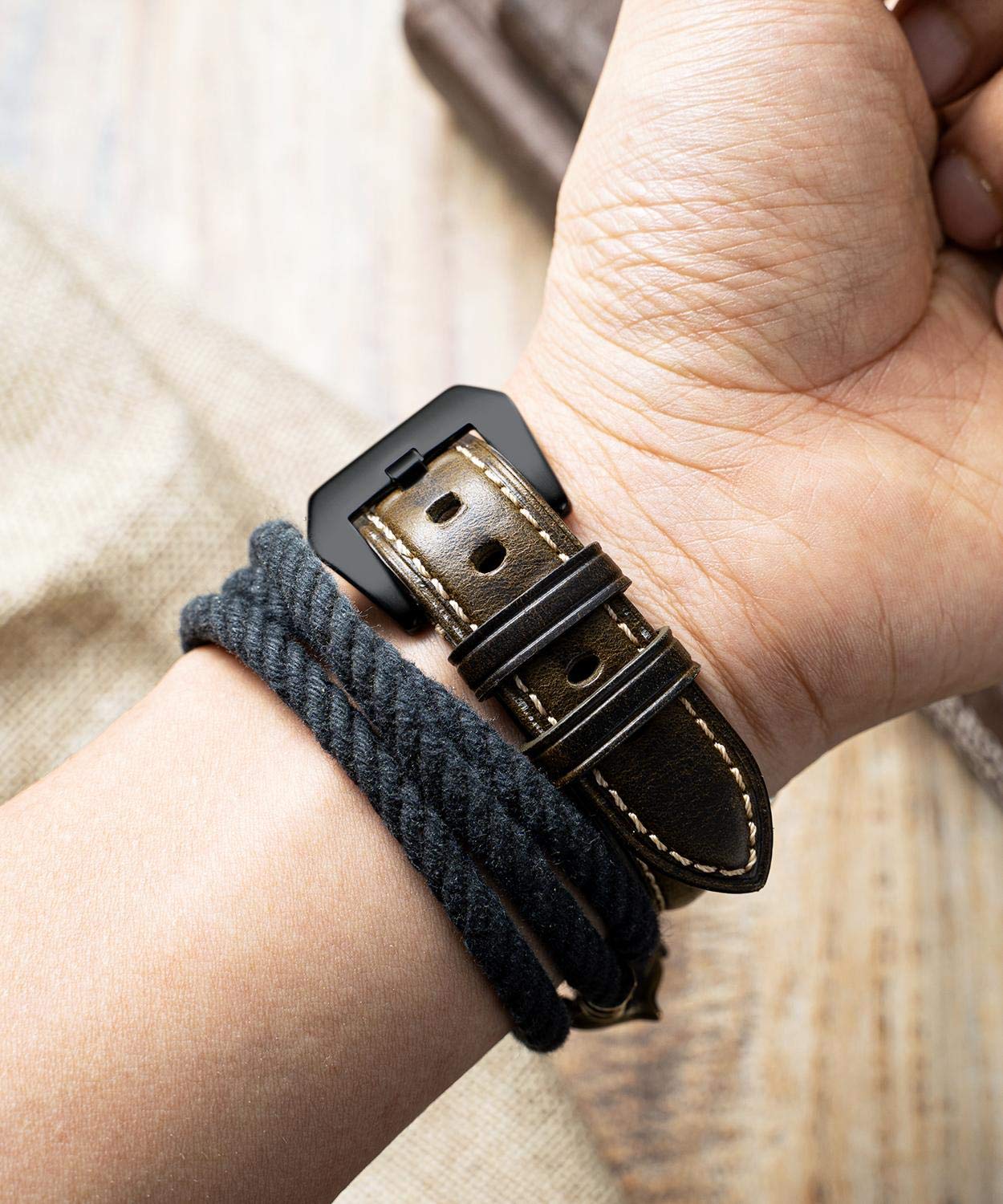 BINLUN Retro Leather Smartwatch Band - Compatible with Garmin & Huawei Smartwatches - Handmade Vintage Oil Wax Leather Straps (18/20/22/24mm) - Perfect for Work, Travel & Everyday Wear