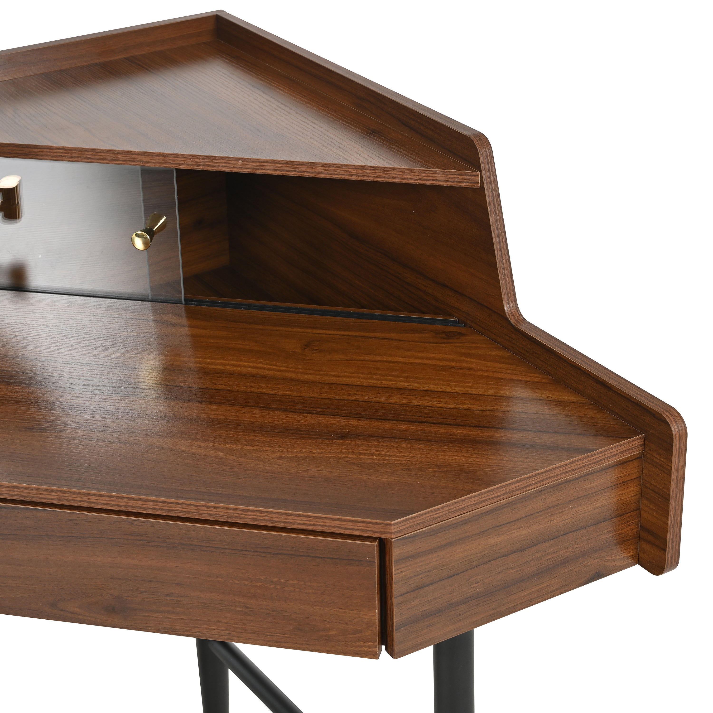 Modern Corner Makeup Vanity Desk with LED Lights & Adjustable Mirror - Walnut Dressing Table Set with Stool & Large Storage for Small Spaces | Perfect for Bedroom, Apartment & Studio Makeup Organization