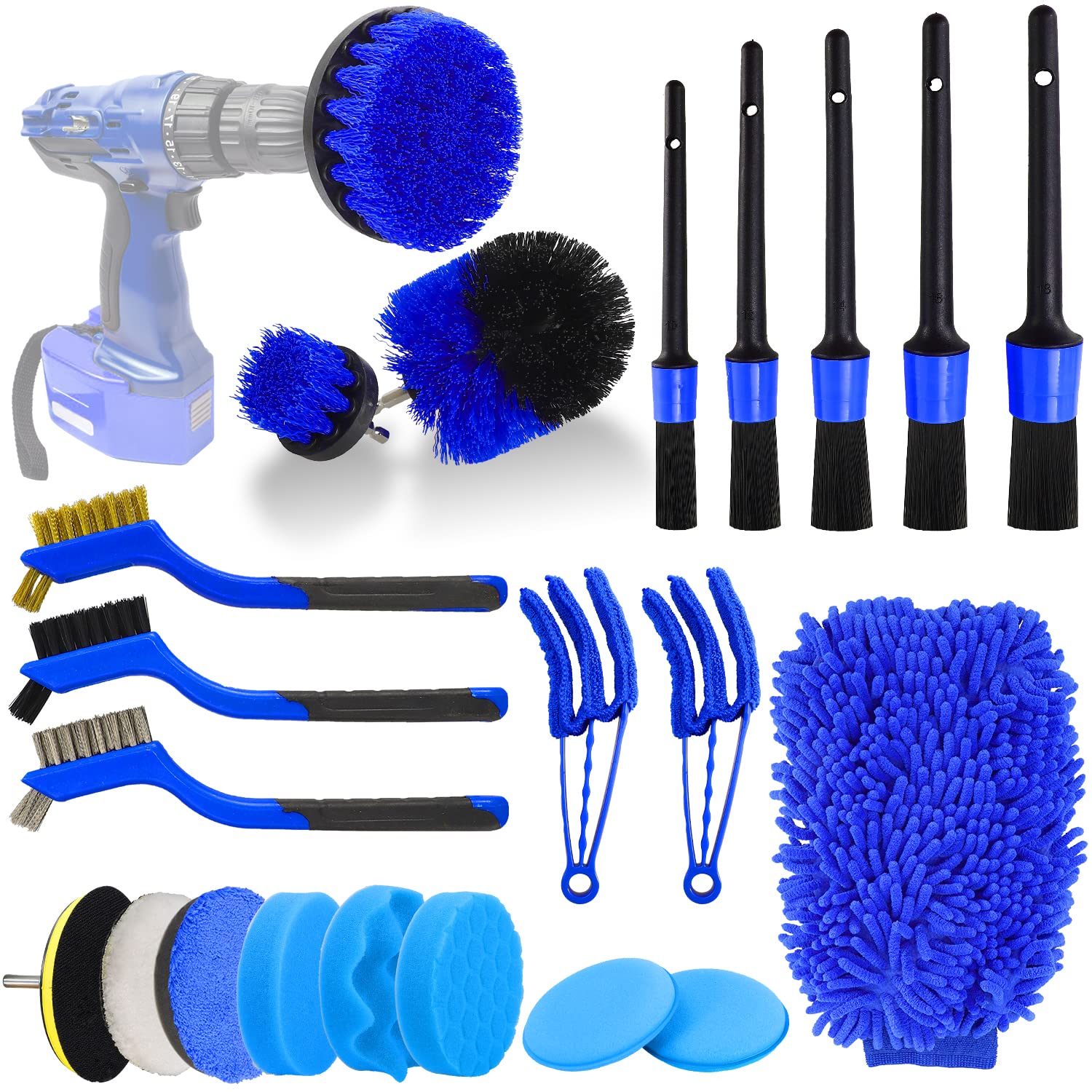 22-Piece Interior & Exterior Car Detailing Kit - Auto Detailing Brushes Set with Drill Brush, Sponge Polishing Pads, Wash Mitt - Complete Car Cleaning Kit for Dashboard, Wheels, Rims & More - Perfect for DIY Car Wash & Professional Auto Detailing