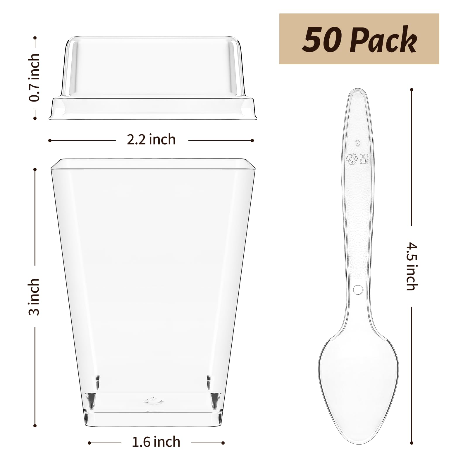 50 Pack 5 oz Clear Plastic Dessert Cups with Lids & Spoons - Square Mini Parfait Cups for Pudding, Jello, Fruit, Appetizers | Party Serving, Catering, Events, Picnics, Home Entertaining