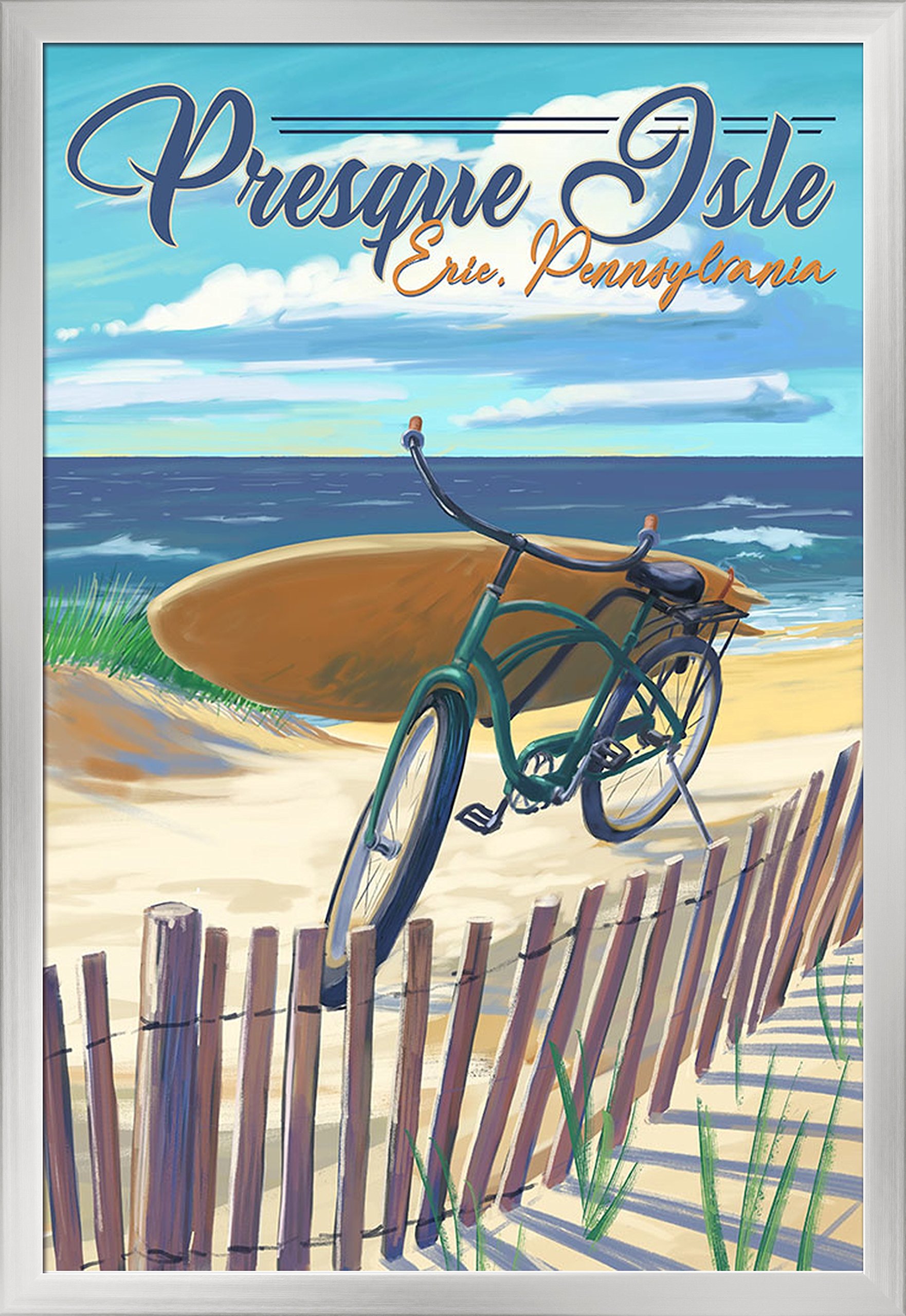 24x36 Giclee Art Print of Presque Isle Pennsylvania Beach Cruiser - Silver Wood Gallery Framed Wall Decor for Living Room, Bedroom & Office