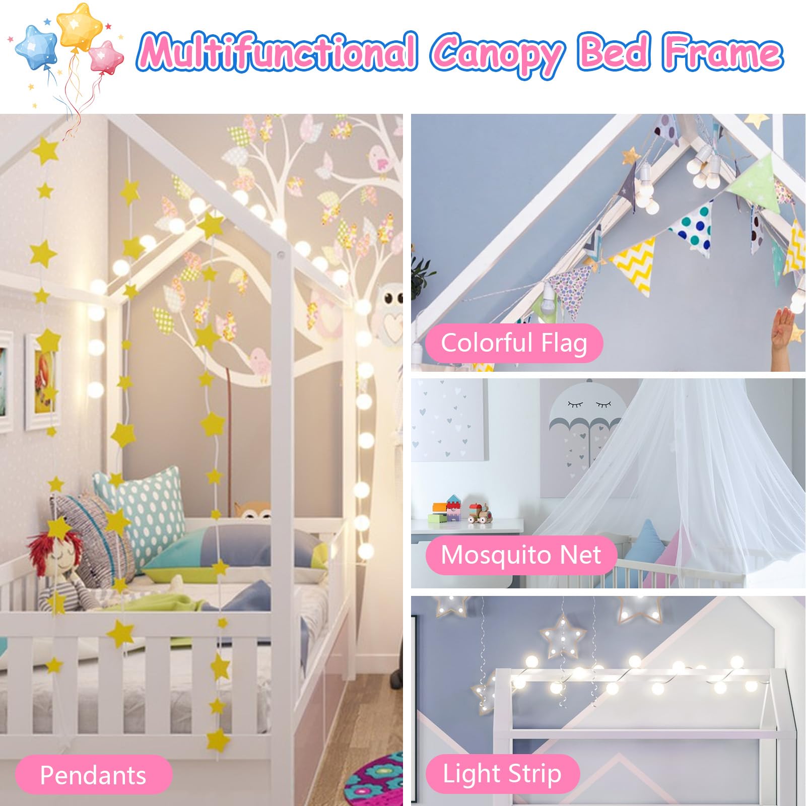 Montessori Twin Floor Bed with Safety Rails for Kids - Metal Frame Playhouse Bed with Roof for Boys, Girls & Toddlers | Sturdy Post Foot Pads for Teens - Perfect for Bedrooms, Playrooms & Montessori Learning Spaces