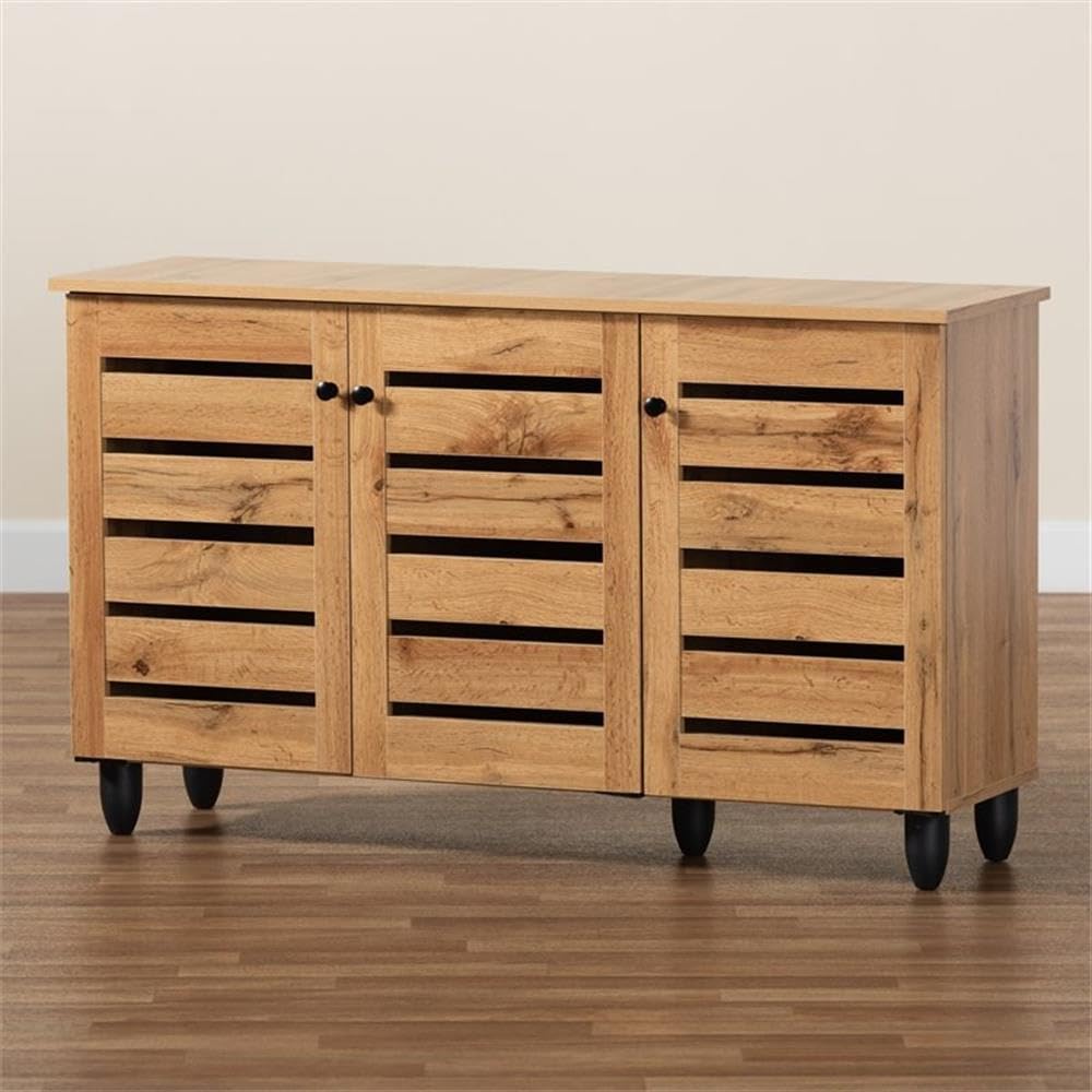 Baxton Studio Gisela Modern 3-Door Shoe Cabinet - Solid Oak Wood Storage Organizer with Brown Finish for Entryway, Closet & Bedroom Organization