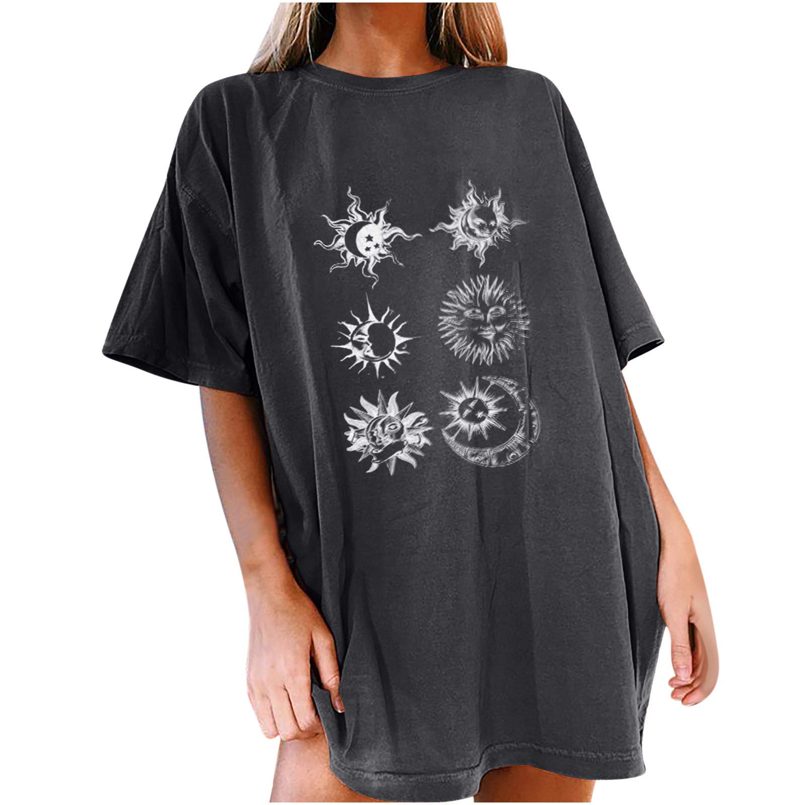 Vintage Sun and Moon Printed Short Sleeve T-Shirt for Women - Casual Plus Size White Tee - Perfect for Summer Outfits, Beach Days & Boho Fashion