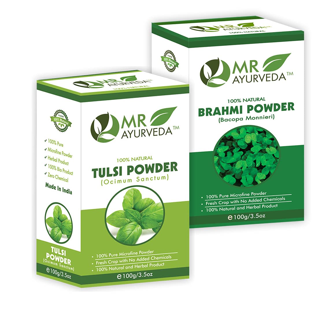 MR Ayurveda 100% Pure Brahmi Powder & Tulsi Powder Combo (100g Each) for Skin & Hair Care - Natural Ayurvedic Herbs for Glowing Skin, Hair Growth & Stress Relief - Perfect for DIY Face Masks, Hair Treatments & Wellness Rituals