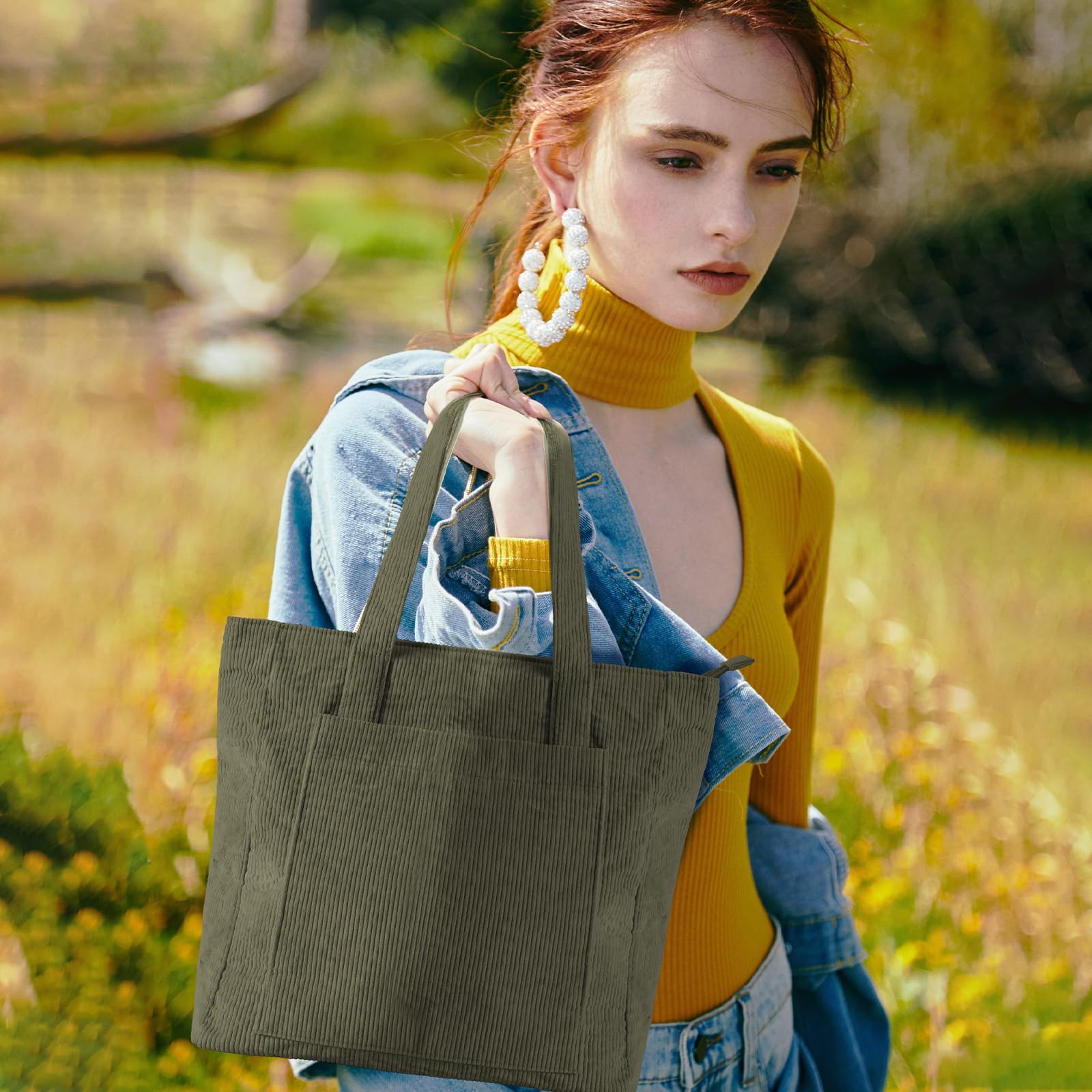 Stylish Corduroy Tote Bag for Women - Large Zippered Shoulder Bag with Multiple Pockets - Perfect for Work, College, Shopping & Travel (Casual Everyday Use)