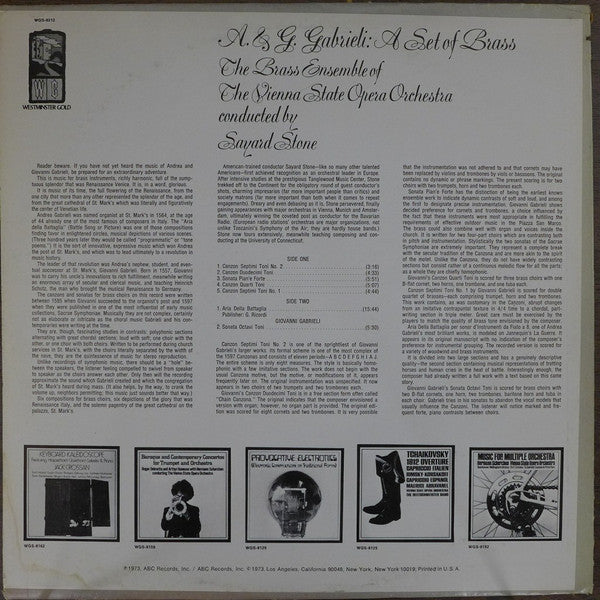 Andrea Gabrieli & Giovanni Gabrieli: Vienna State Opera Brass Ensemble LP Album (VG+) – Classical Music Collectors Edition for Audiophiles & Home Listening