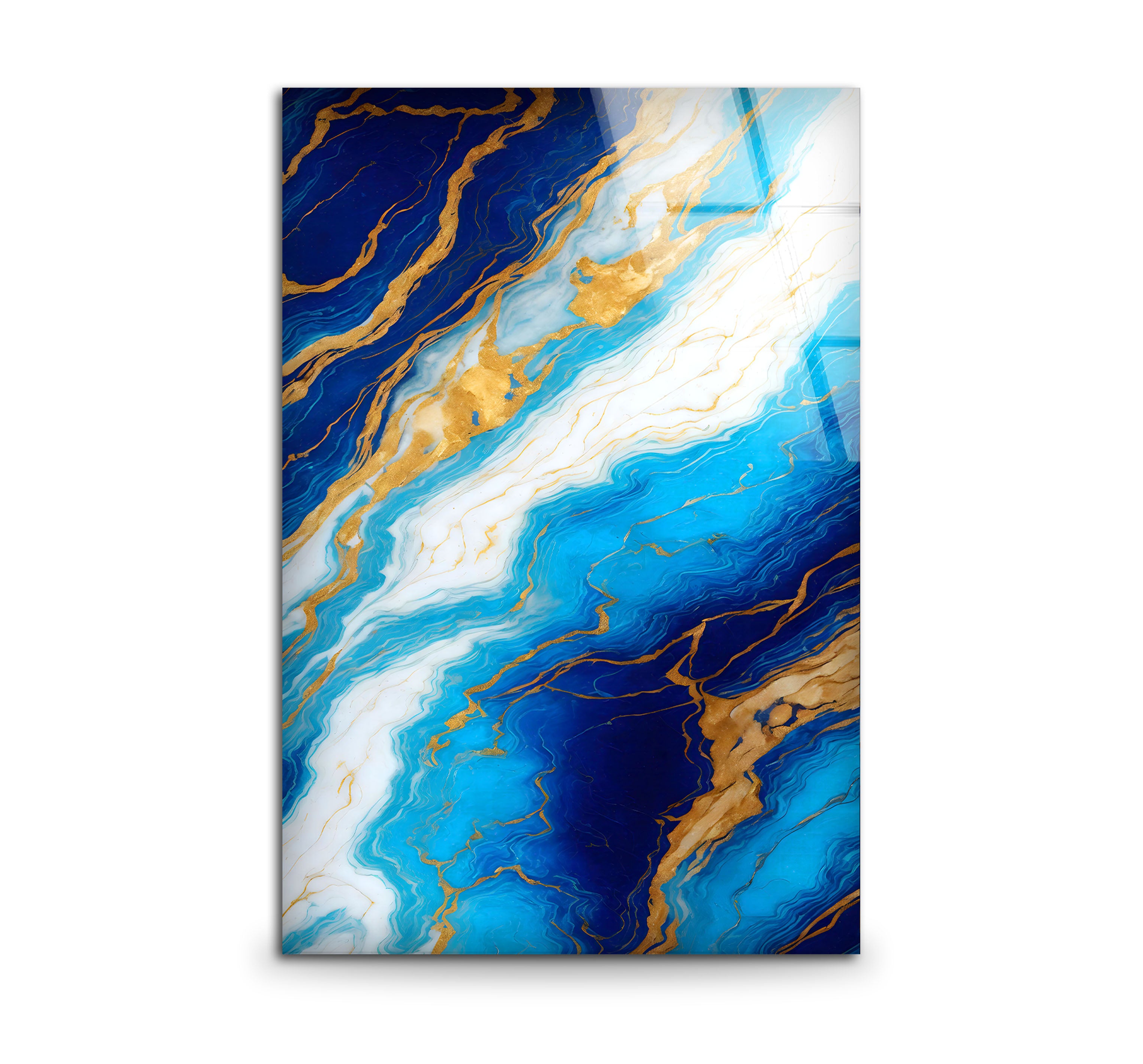 Blue Marble and Gold Wall Art - Glossy Glass Print with White and Gold Veins for Modern Home Decor | Perfect for Living Room, Bedroom & Office