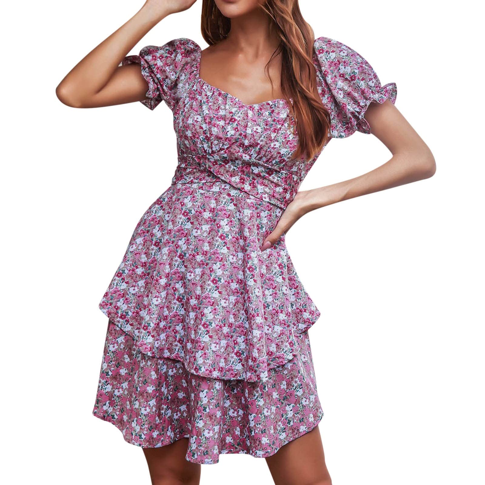 Floral Puff Sleeve Mini Dress for Women - Elegant Layered Party Dress with Ruffled Sleeves, Cute Summer Night Out Dresses for Date Night, Club, Wedding Guest & Special Occasions