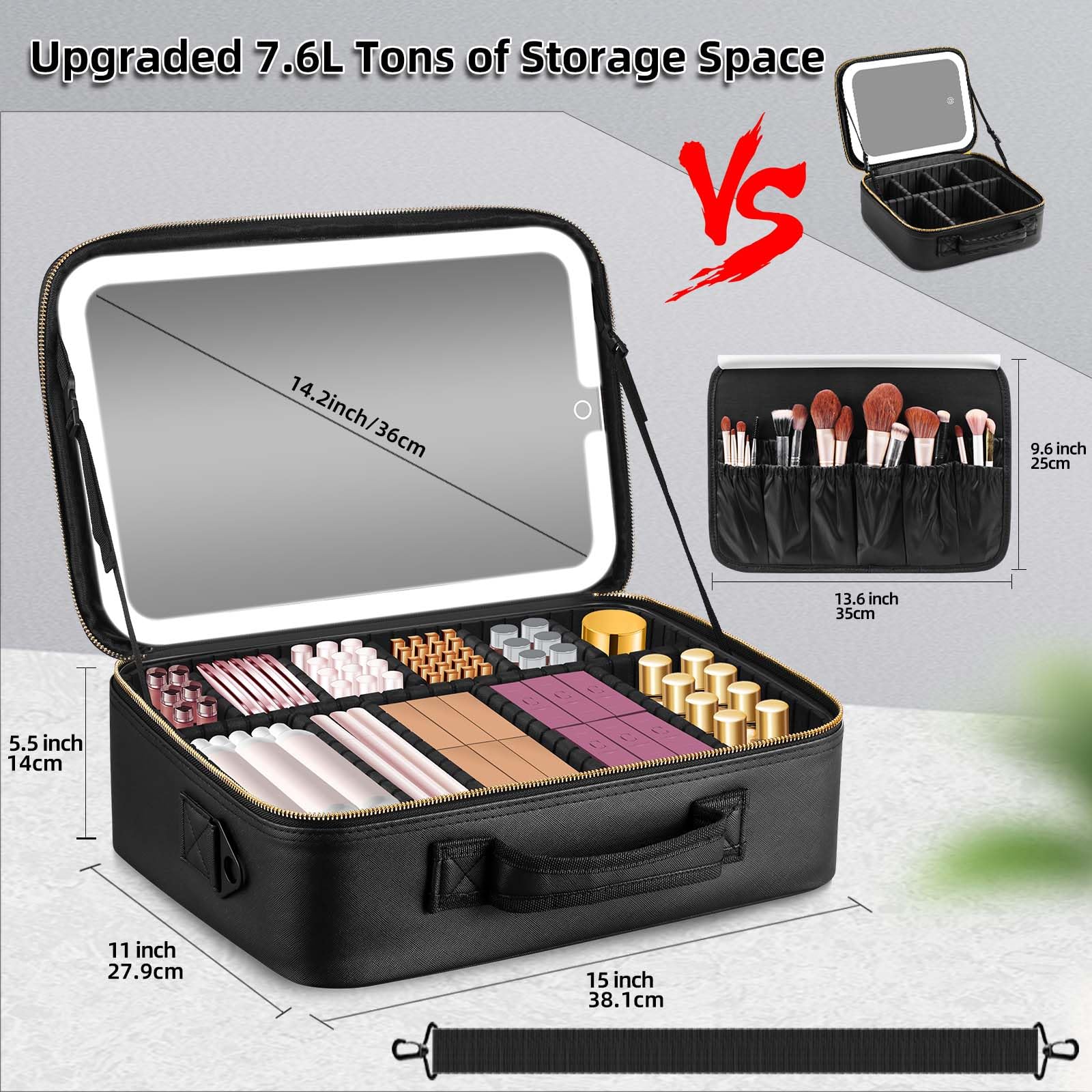 Large Travel Makeup Bag with LED Mirror - 3-Color Adjustable Dimming, Detachable Stand Mirror, Adjustable Dividers & Brush Holder | Perfect for Travel, Home Vanity & Professional Makeup Artists (Black)
