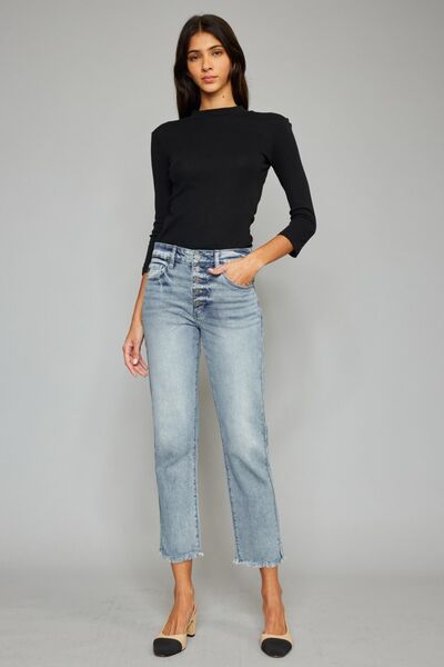 Kancan High Waist Button Fly Raw Hem Cropped Straight Jeans for Women - Trendy Distressed Denim Pants for Casual Outfits & Street Style Fashion