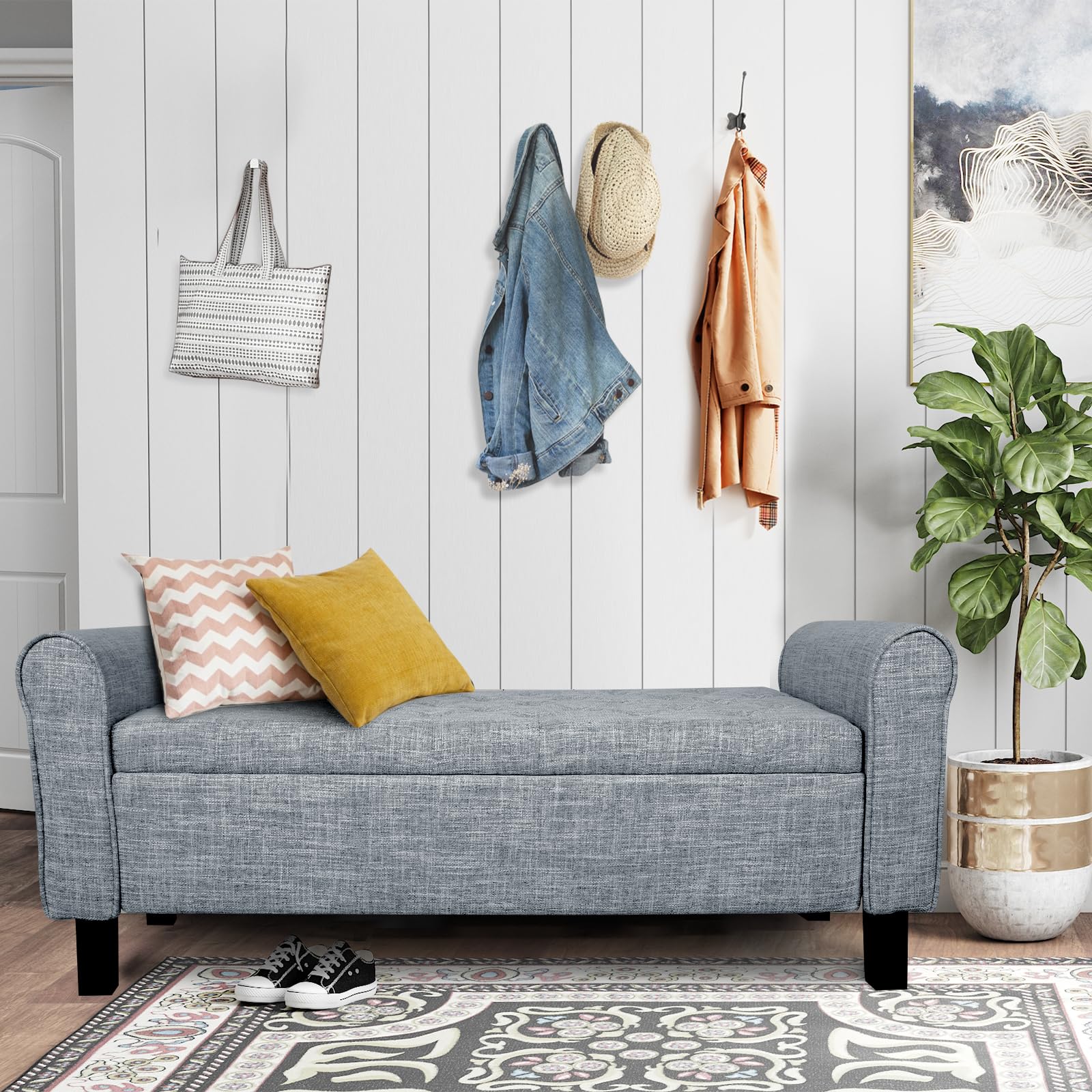 Dark Grey Storage Ottoman Bench with Arms - Button Tufted Footrest & Large Storage Seat for Bedroom, Living Room, Entryway, Hallway - Perfect as End of Bed Bench, Living Room Storage & Cozy Footrest