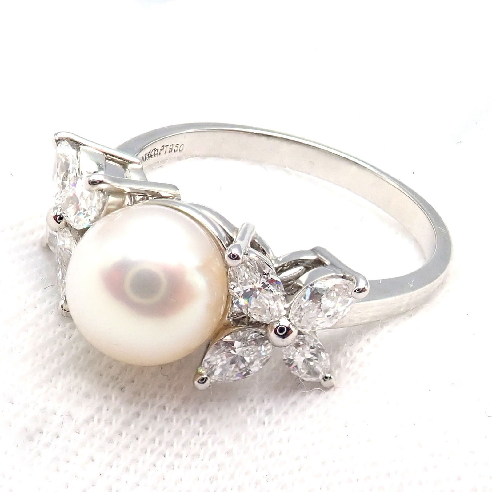Authentic Tiffany & Co Victoria Platinum Diamond 7.5mm Pearl Band Ring for Women - Elegant Wedding, Engagement & Anniversary Jewelry Gift